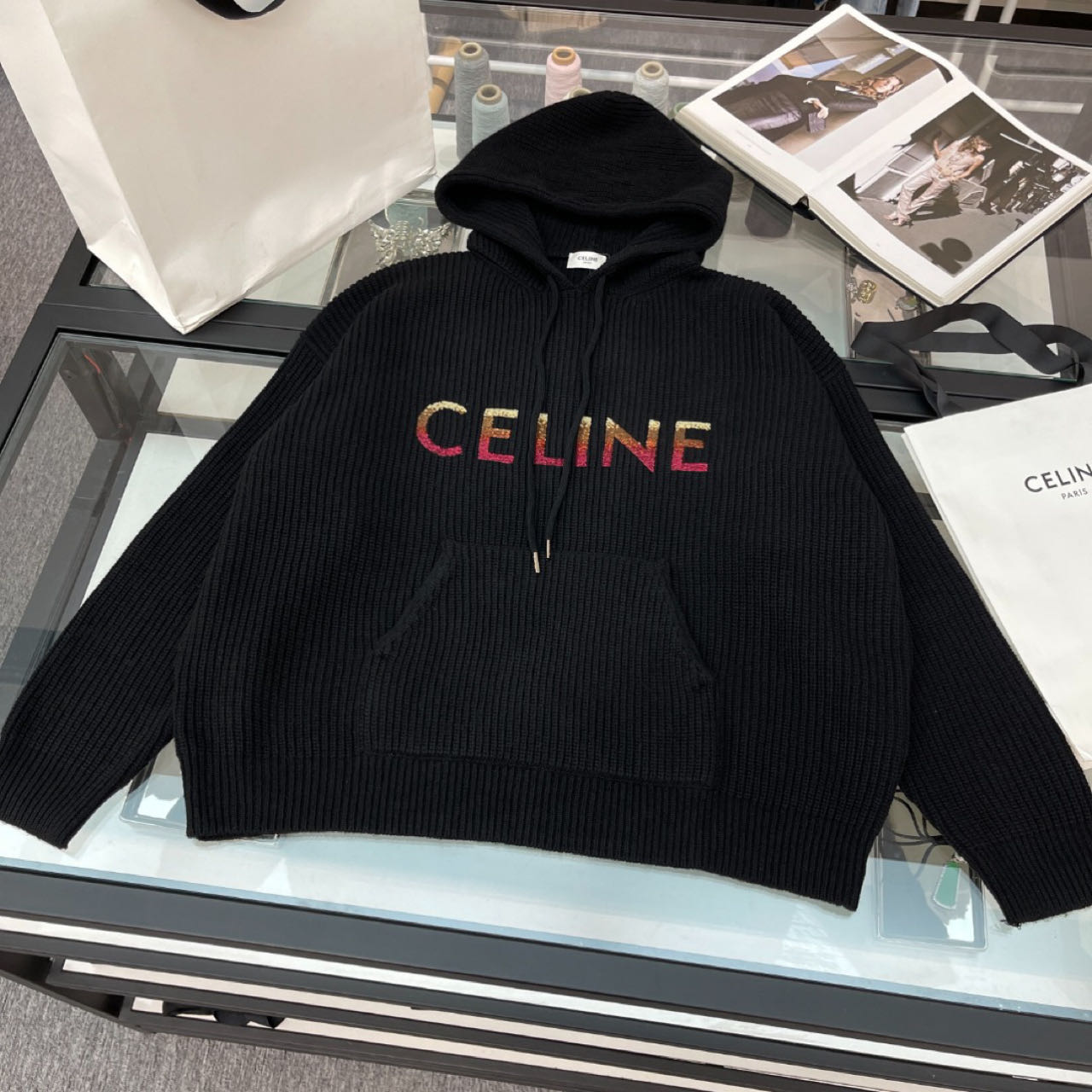 Celine Sequin-Embellished Ribbed Wool Hoodie - DesignerGu