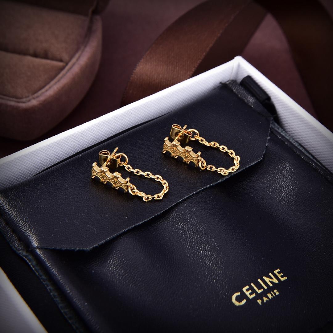 Celine Triomphe Chain Earrings In Brass With Gold Finish - DesignerGu