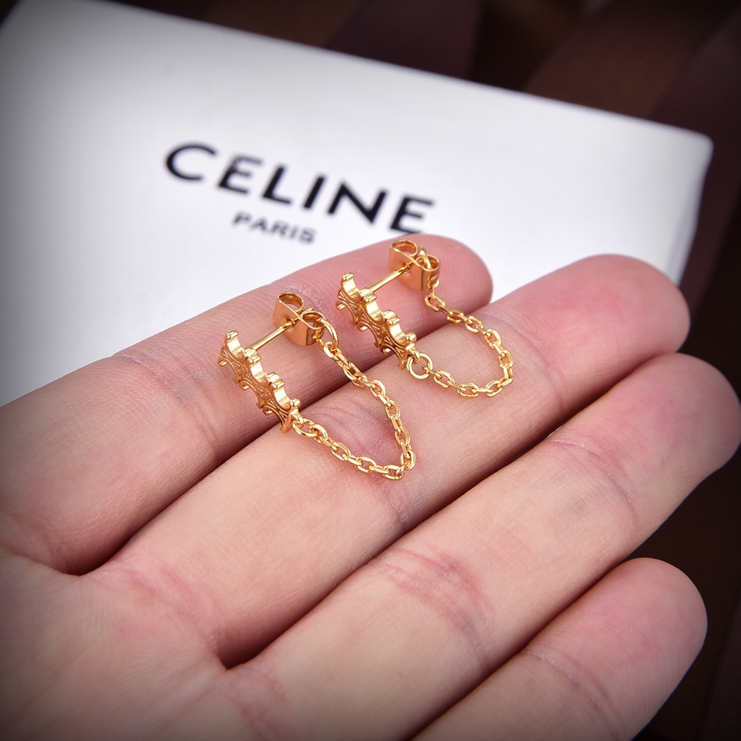 Celine Triomphe Chain Earrings In Brass With Gold Finish - DesignerGu