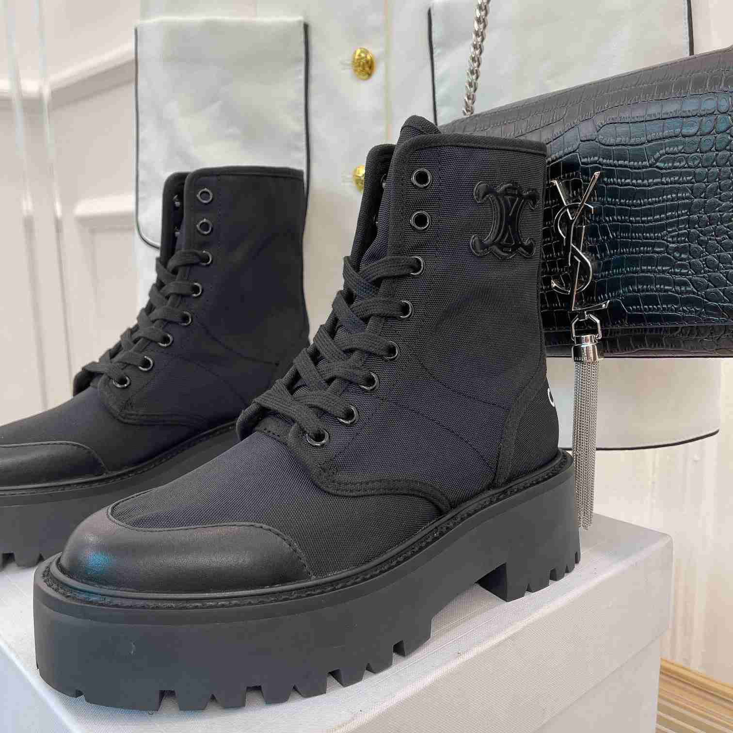 Celine Bulky Laced Up Boot In Nylon And Shiny Bull - DesignerGu