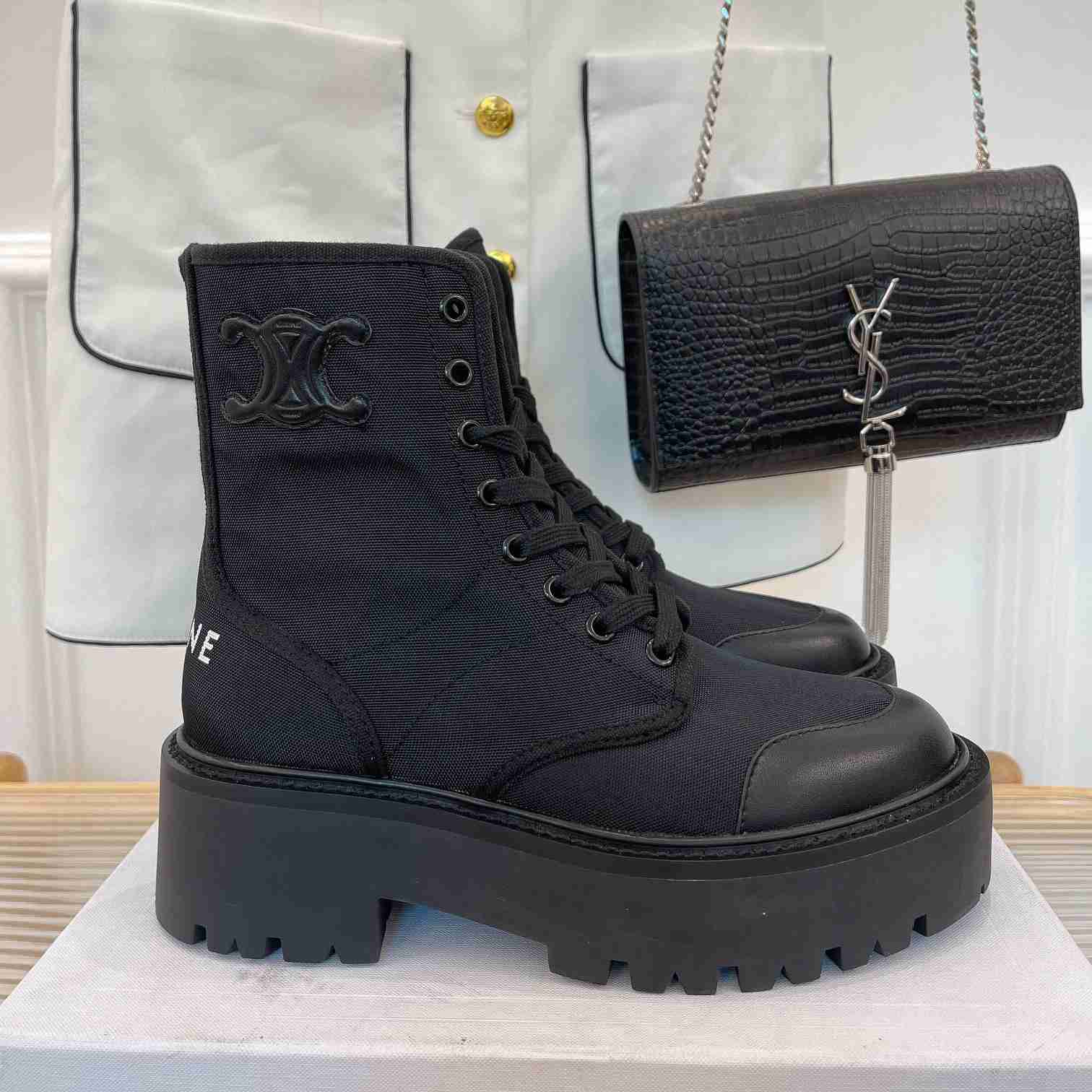 Celine Bulky Laced Up Boot In Nylon And Shiny Bull - DesignerGu