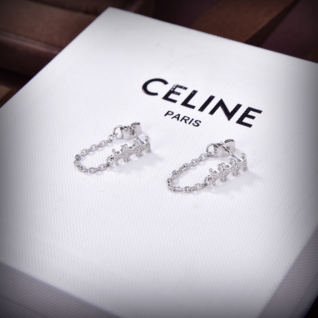Celine Triomphe Chain Earrings In Brass With Rhodium Finish - DesignerGu