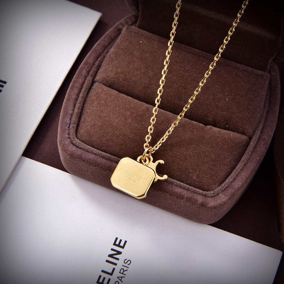 Celine Triomphe Indie Small Charms Necklace In Brass With Gold Finish And Nero Assoluto - DesignerGu