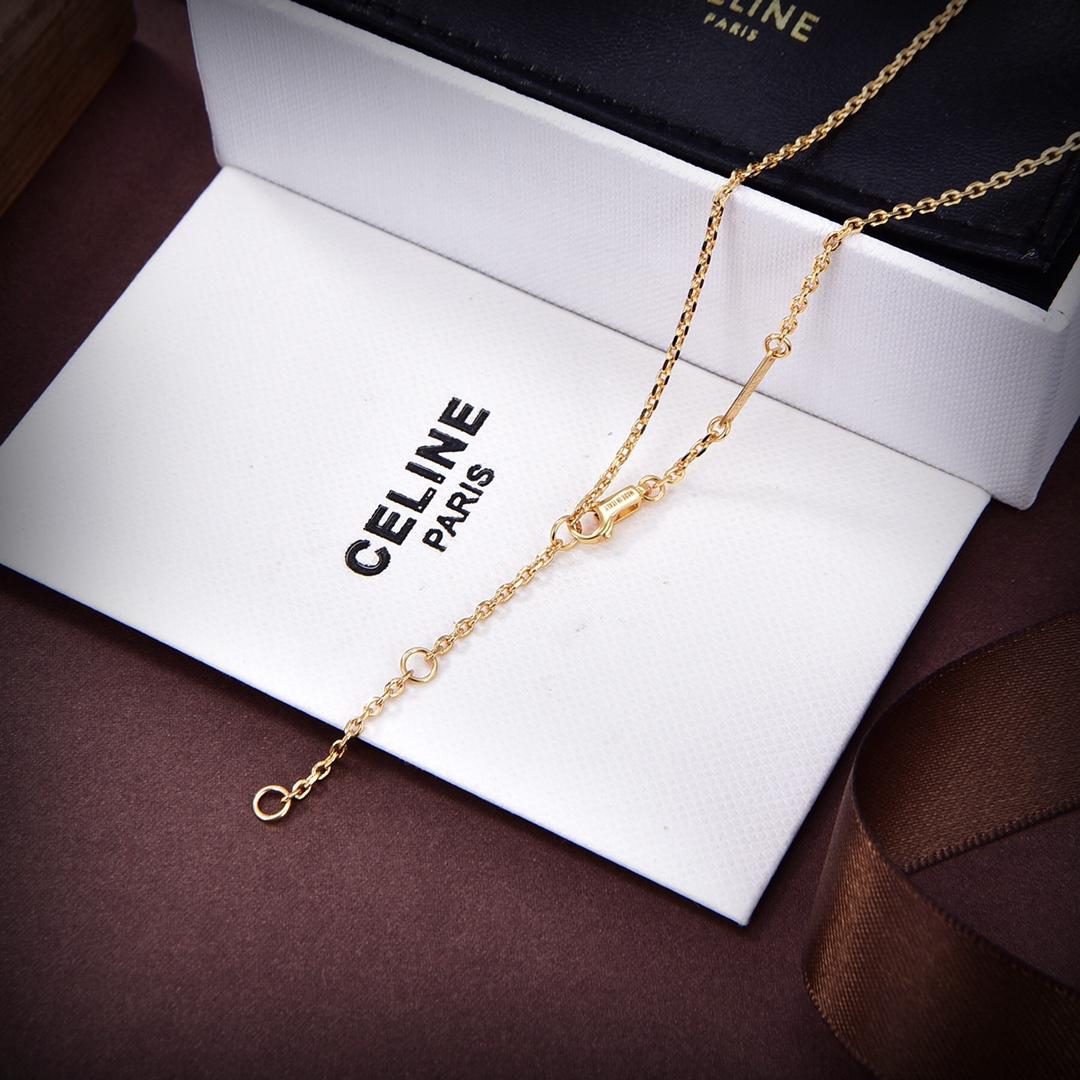 Celine Triomphe Indie Small Charms Necklace In Brass With Gold Finish And Nero Assoluto - DesignerGu