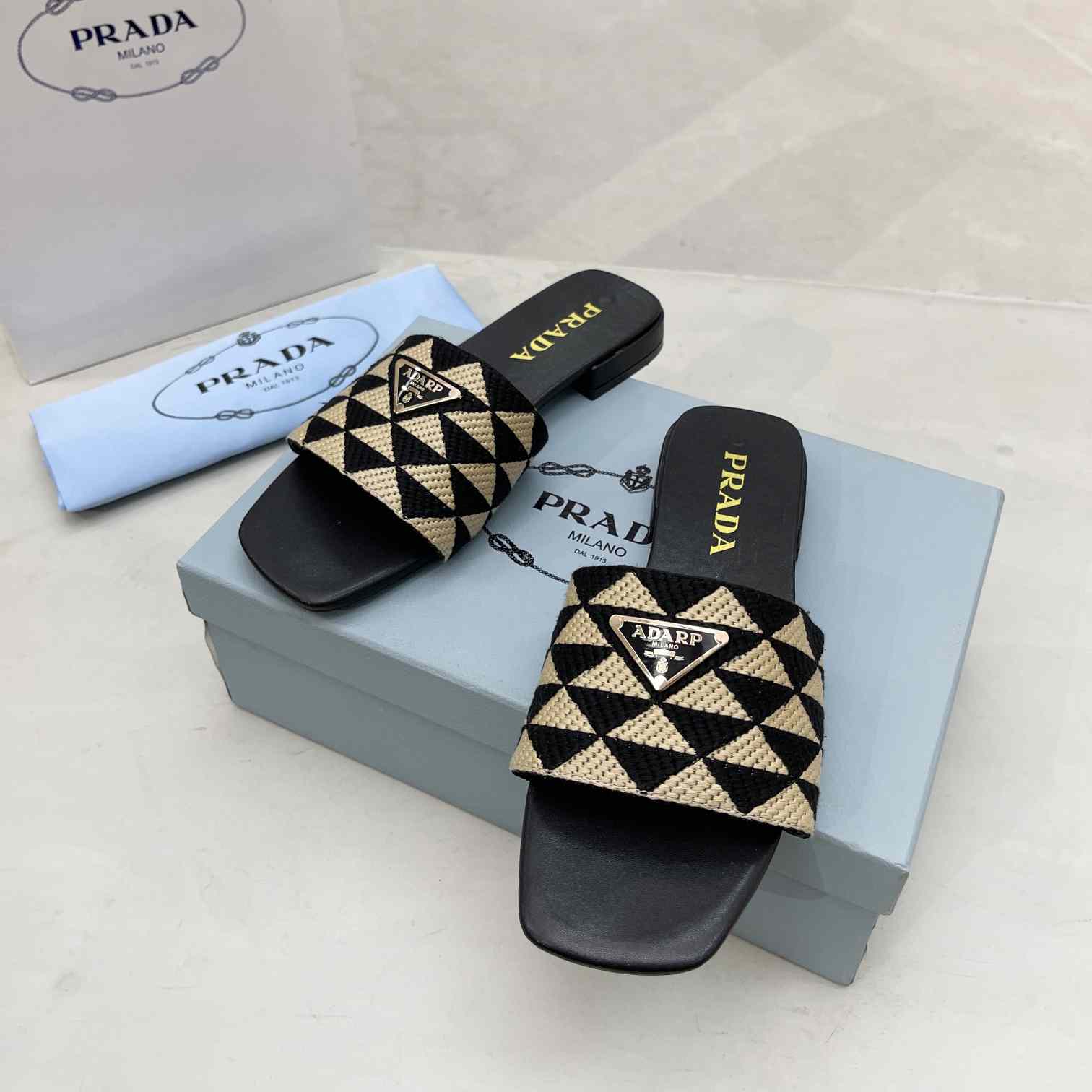 Prada Embroidered Fabric Slides - DesignerGu