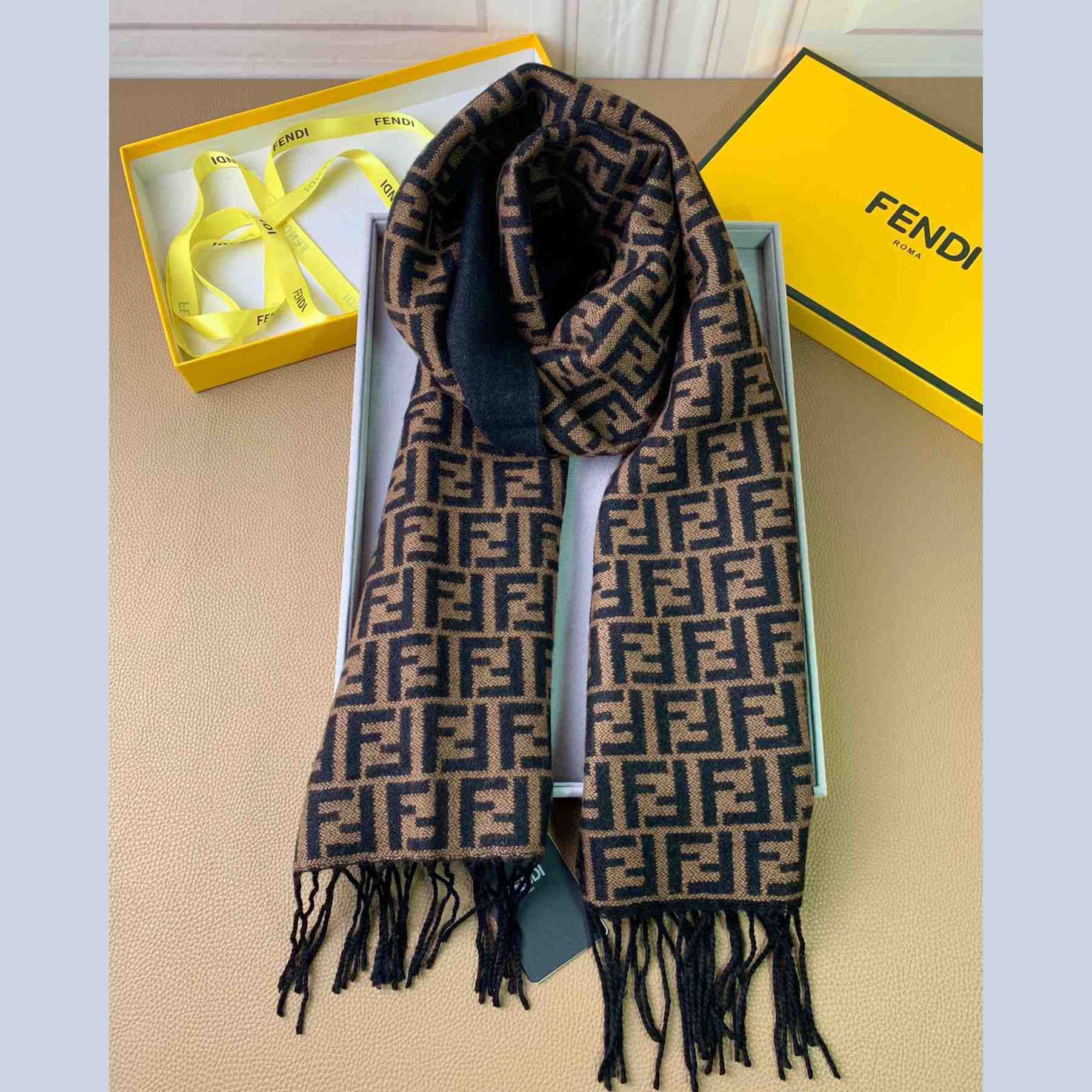 Fendi Brown Wool Stole Scarf - DesignerGu