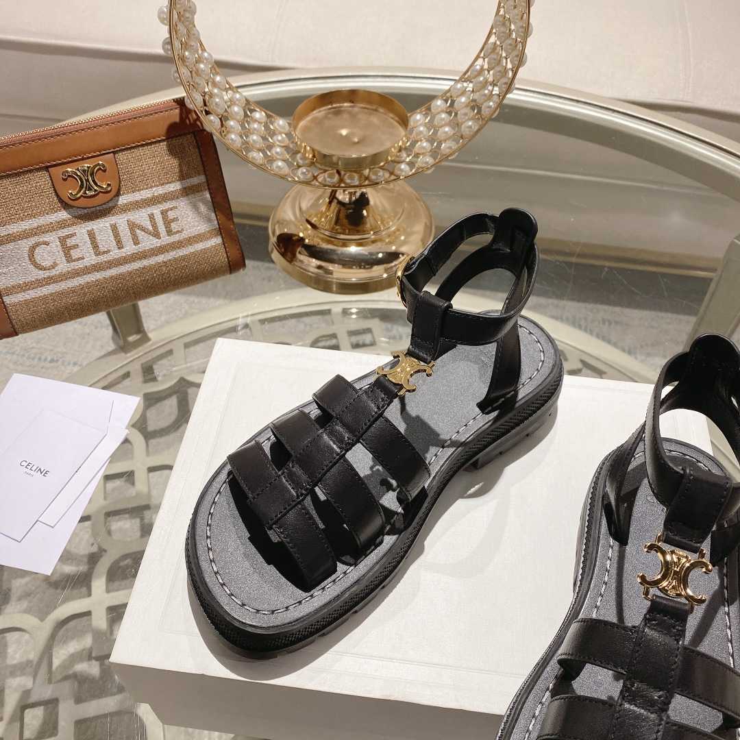 Celine Clea Triomphe Gladiator Sandal In Calfskin - Vegetal Tanning Black - DesignerGu