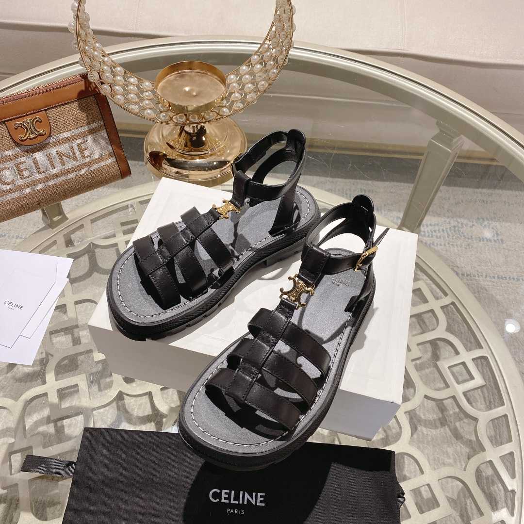 Celine Clea Triomphe Gladiator Sandal In Calfskin - Vegetal Tanning Black - DesignerGu