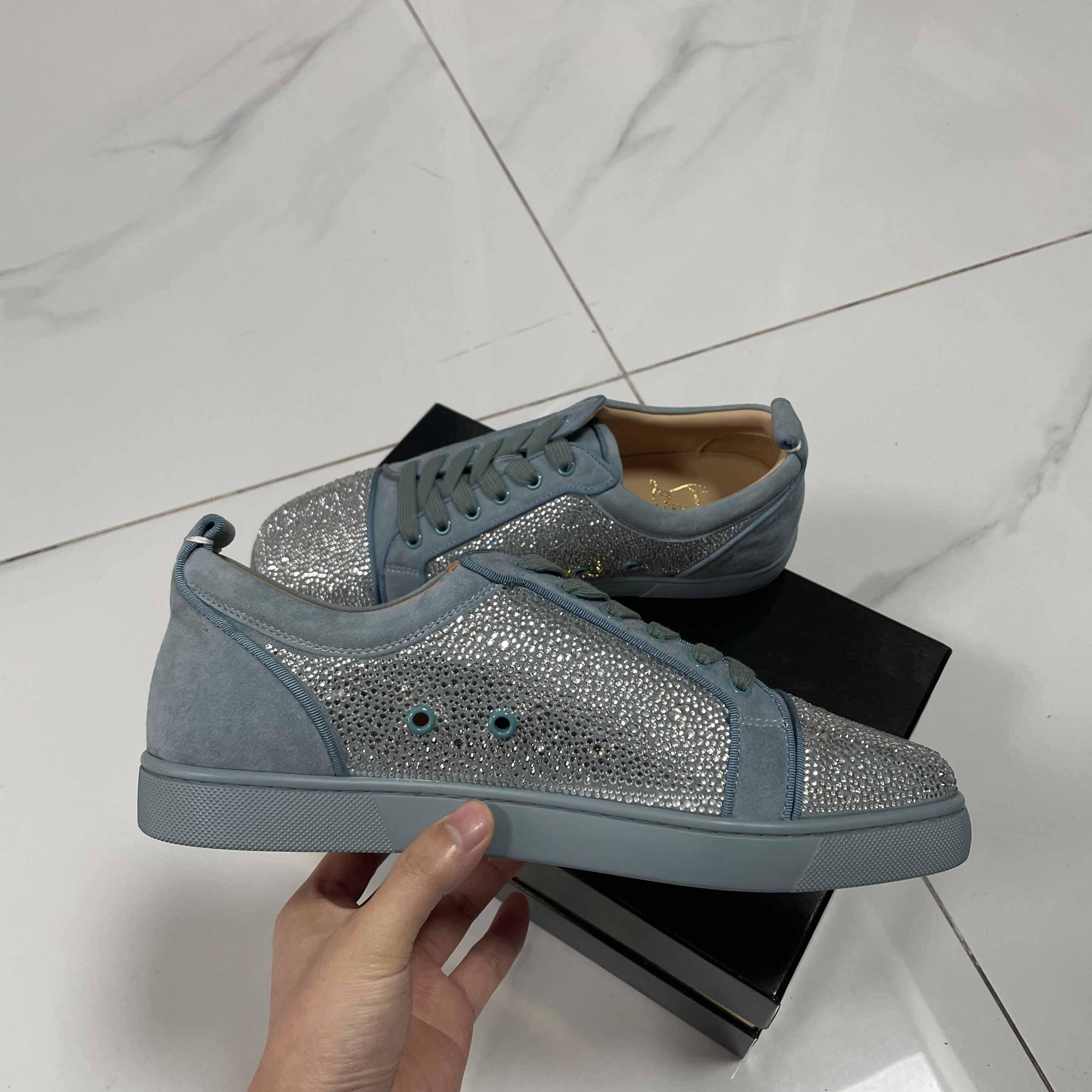 Christian Louboutin Men's Louis Junior Strass Rhinestone Suede Low-Top Sneakers - DesignerGu