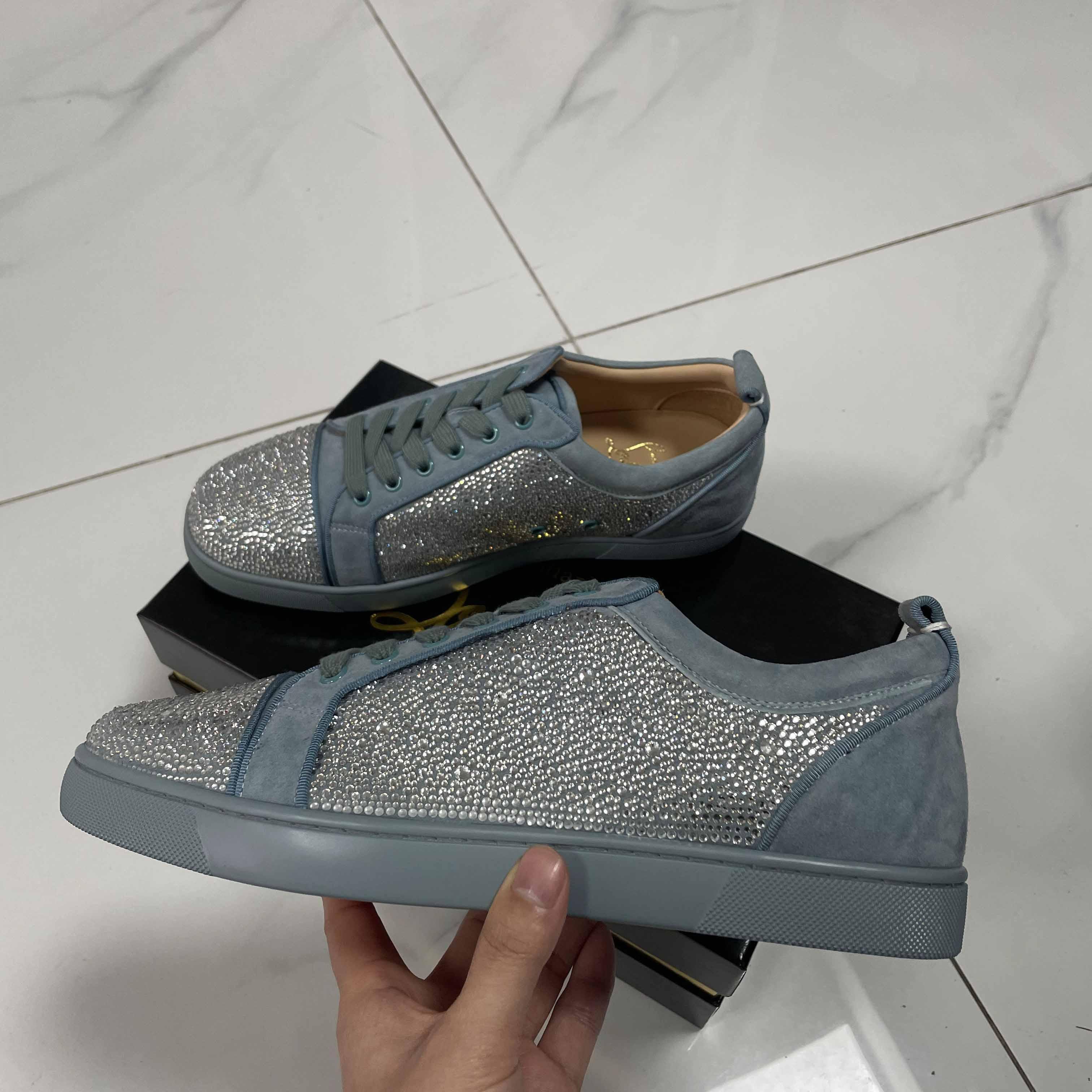 Christian Louboutin Men's Louis Junior Strass Rhinestone Suede Low-Top Sneakers - DesignerGu