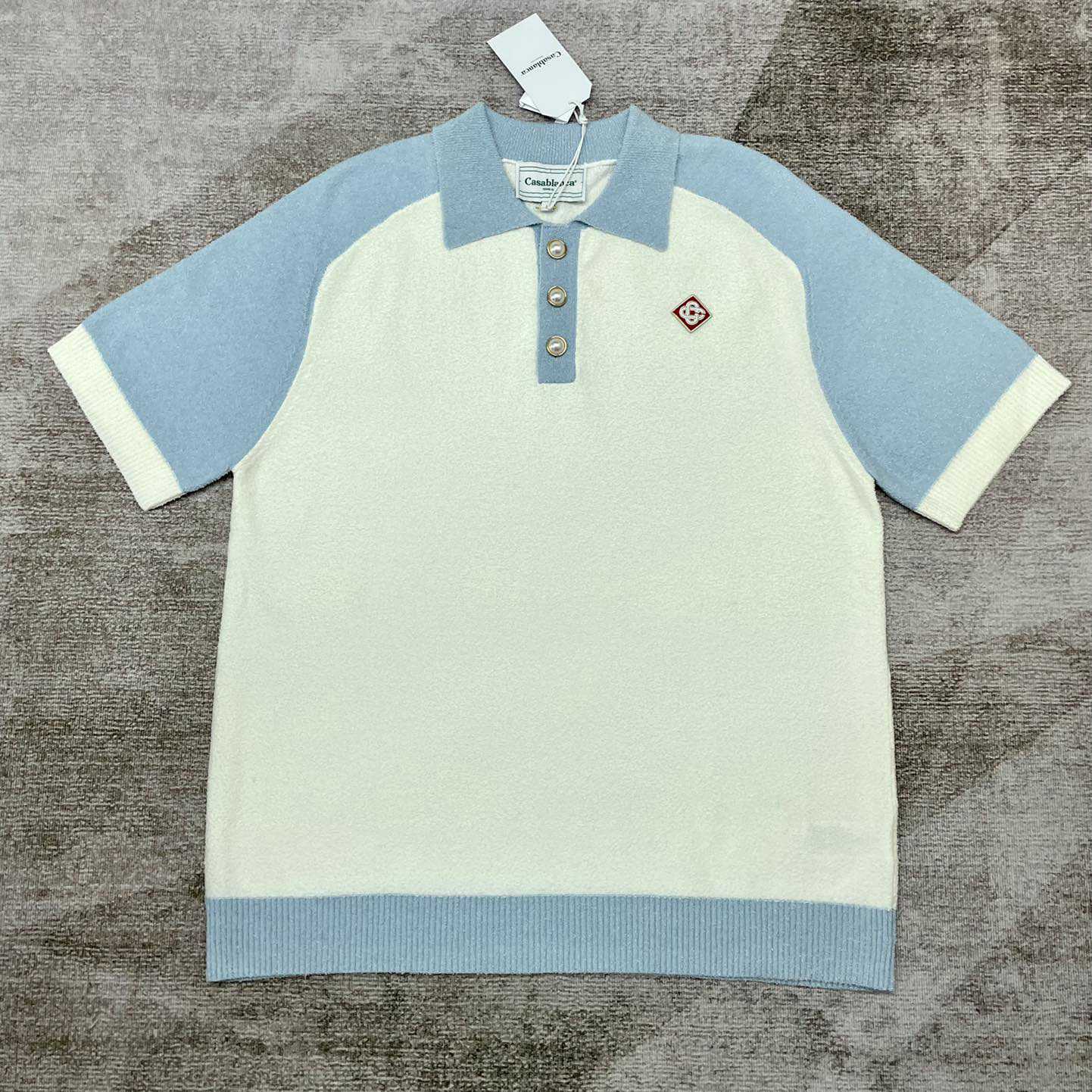 Casablanca Colour Blocking Boucle Polo - White / Blue - DesignerGu