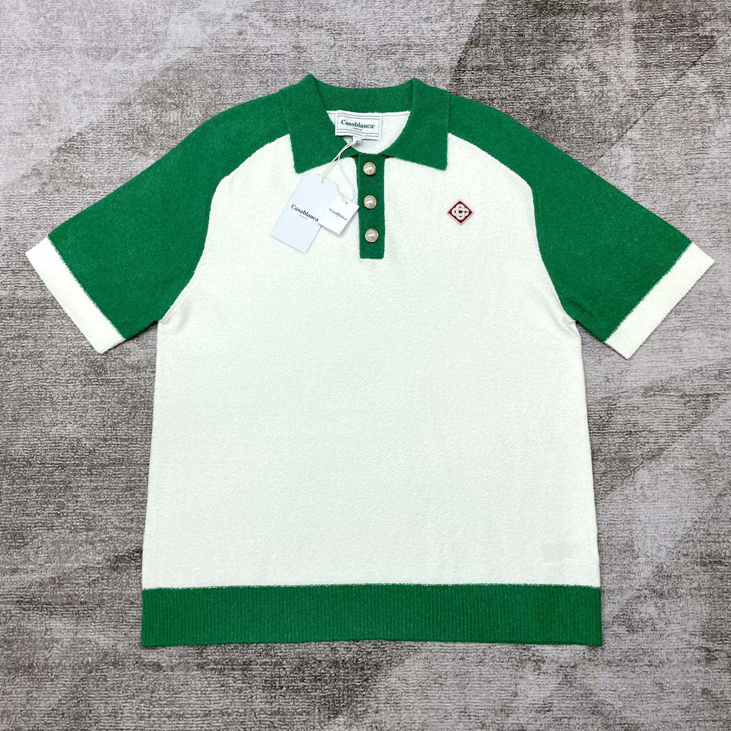 Casablanca Colour Blocking Boucle Polo - White / Green - DesignerGu