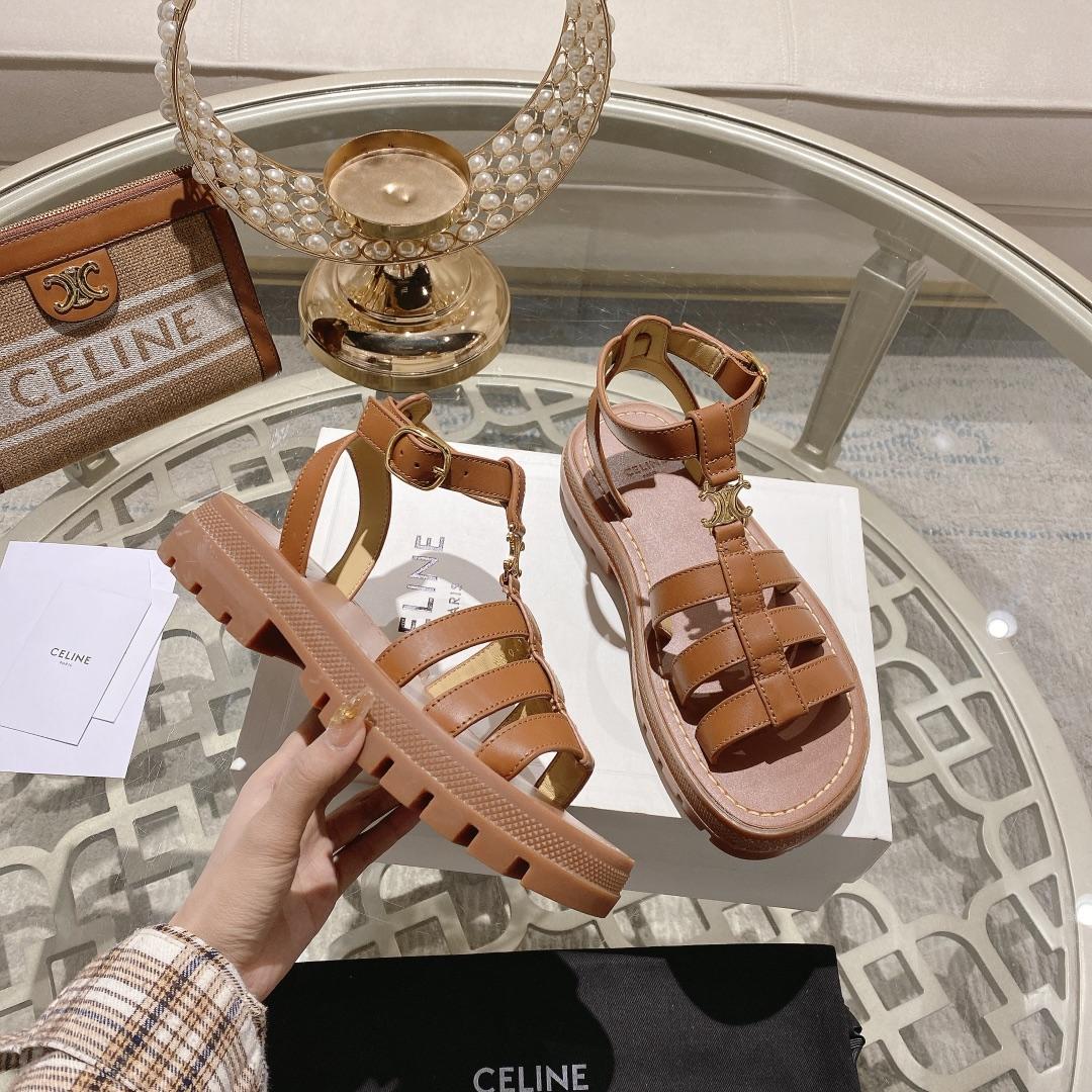 Celine Clea Triomphe Gladiator Sandal In Calfskin - Vegetal Tanning Tan - DesignerGu