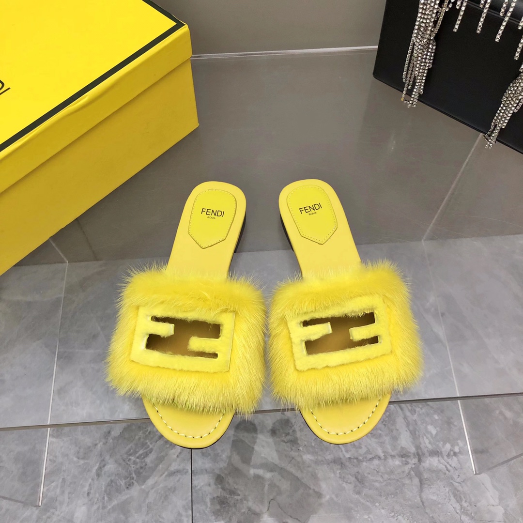 Fendi Baguette Yellow Mink Slides - DesignerGu