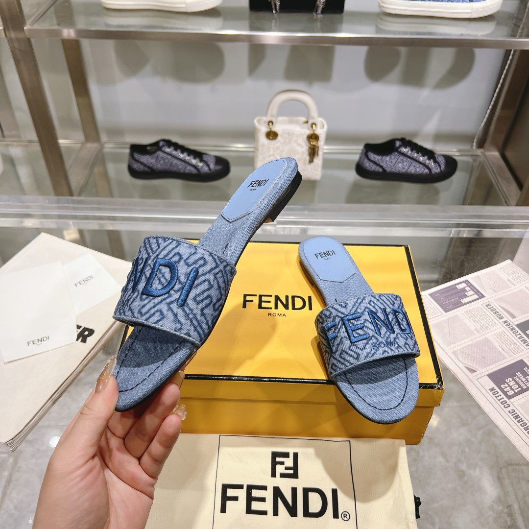 Fendi Signature Blue Denim Slides - DesignerGu