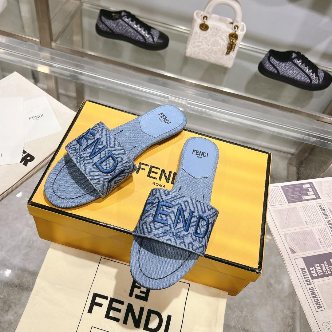 Fendi Signature Blue Denim Slides - DesignerGu