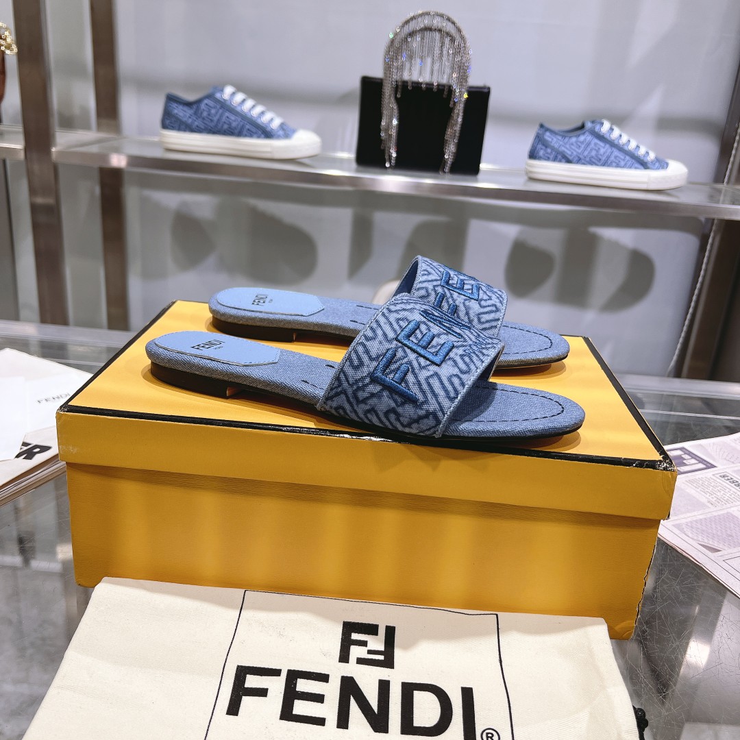 Fendi Signature Blue Denim Slides - DesignerGu