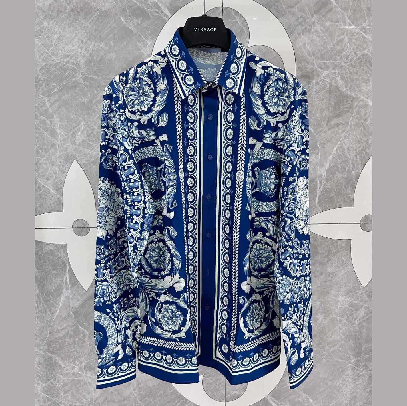 Versace Blue Baroque Silk Shirt - DesignerGu