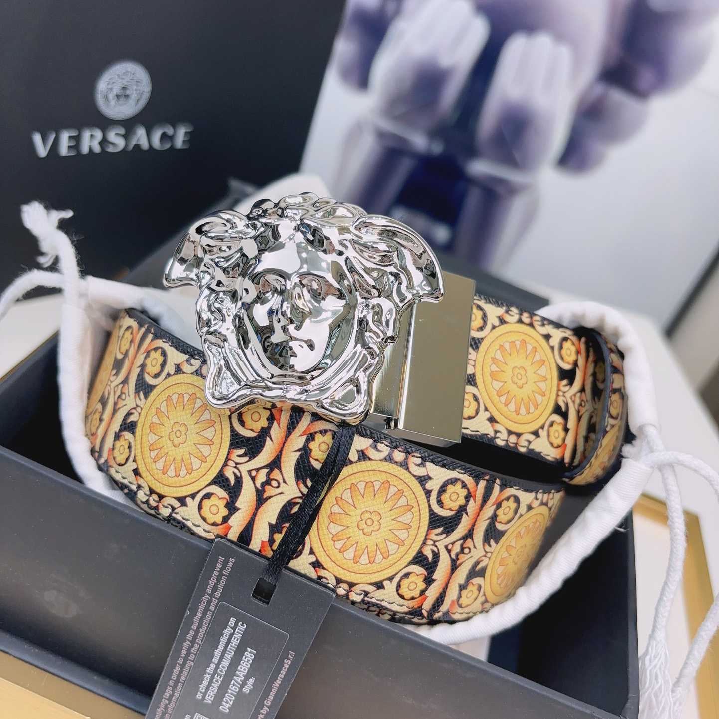 Versace La Medusa Logo-buckle Barocco-print Belt   40mm - DesignerGu