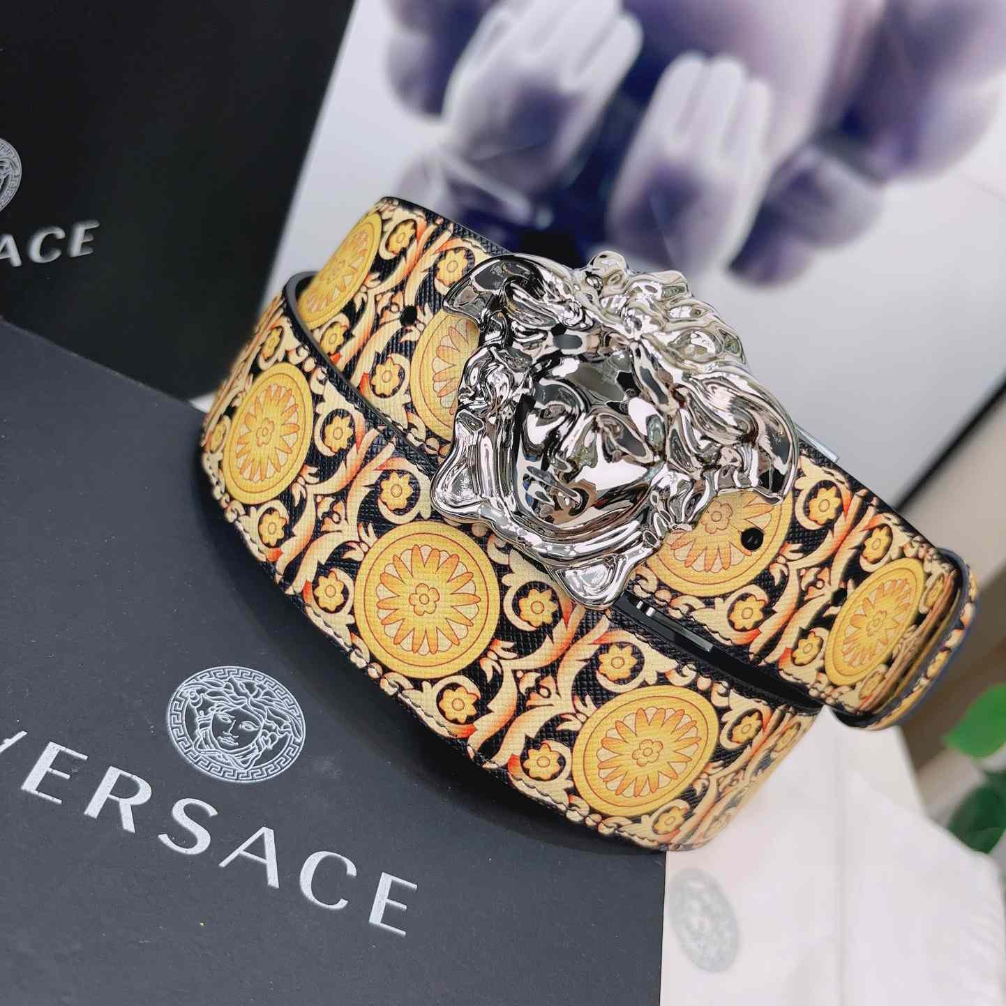 Versace La Medusa Logo-buckle Barocco-print Belt   40mm - DesignerGu