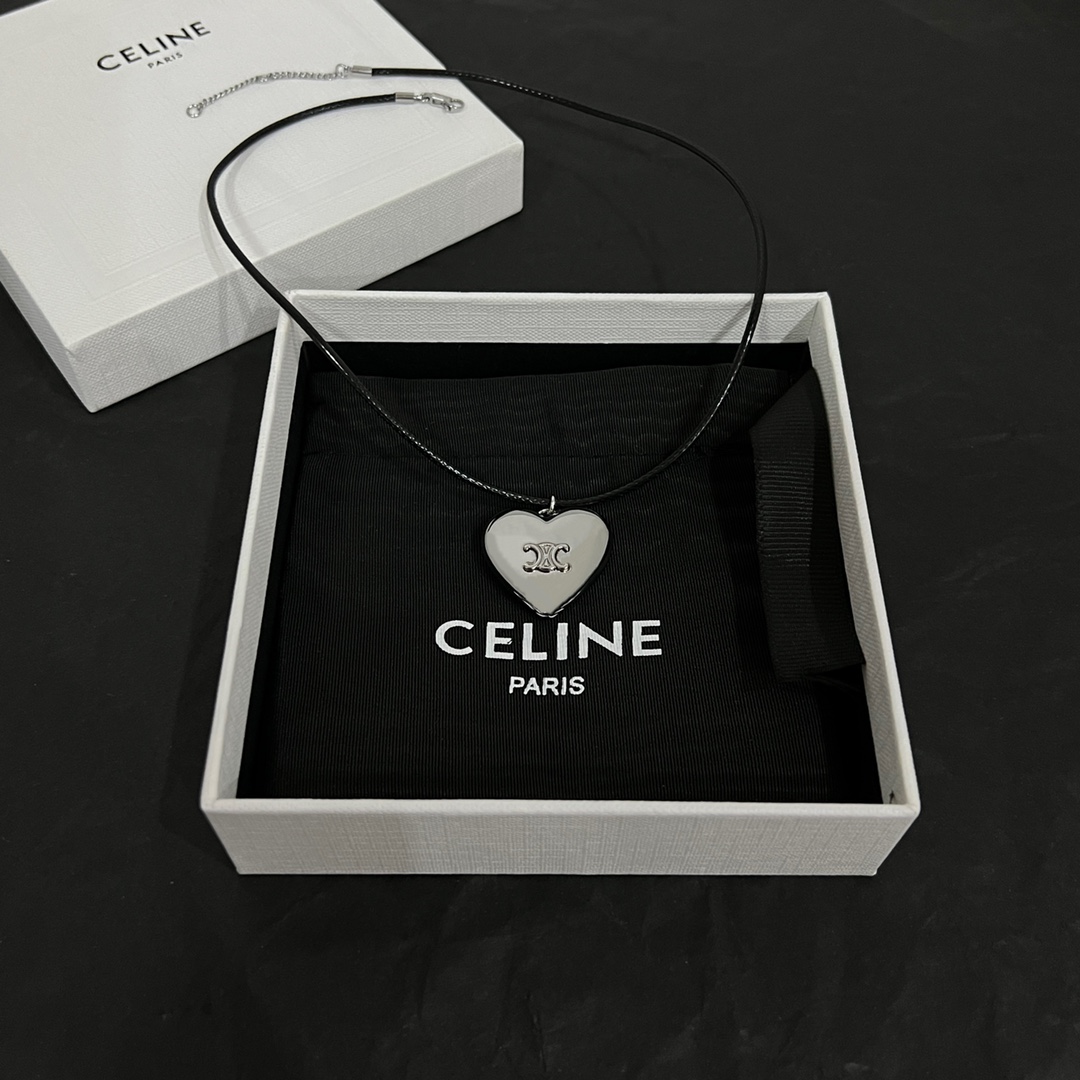 Celine CŒUR Triomphe Necklace In Brass With Rhodium Finish And Cotton - DesignerGu