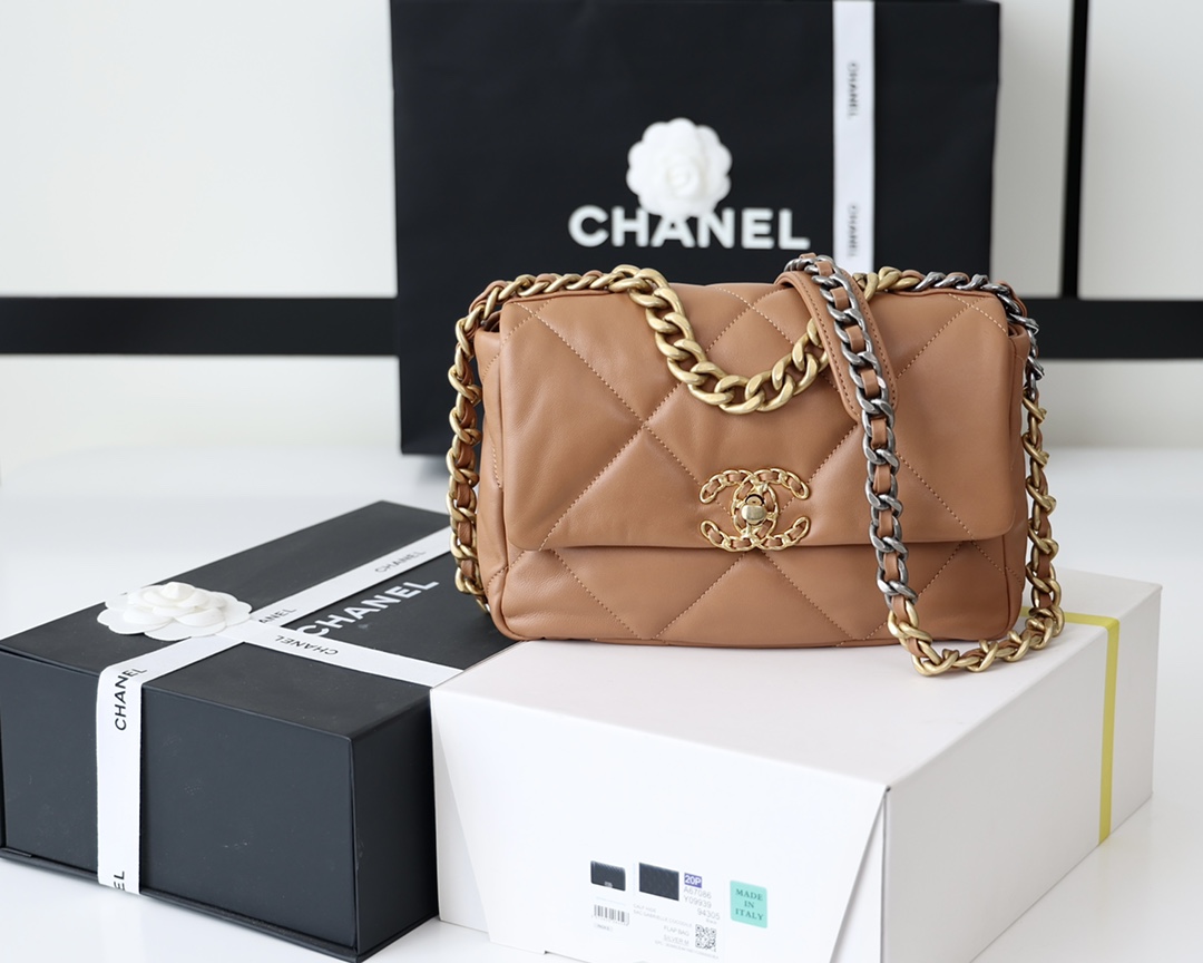 Chanel 19 Handbag Flap Lambskin In Caramel 26cm - DesignerGu