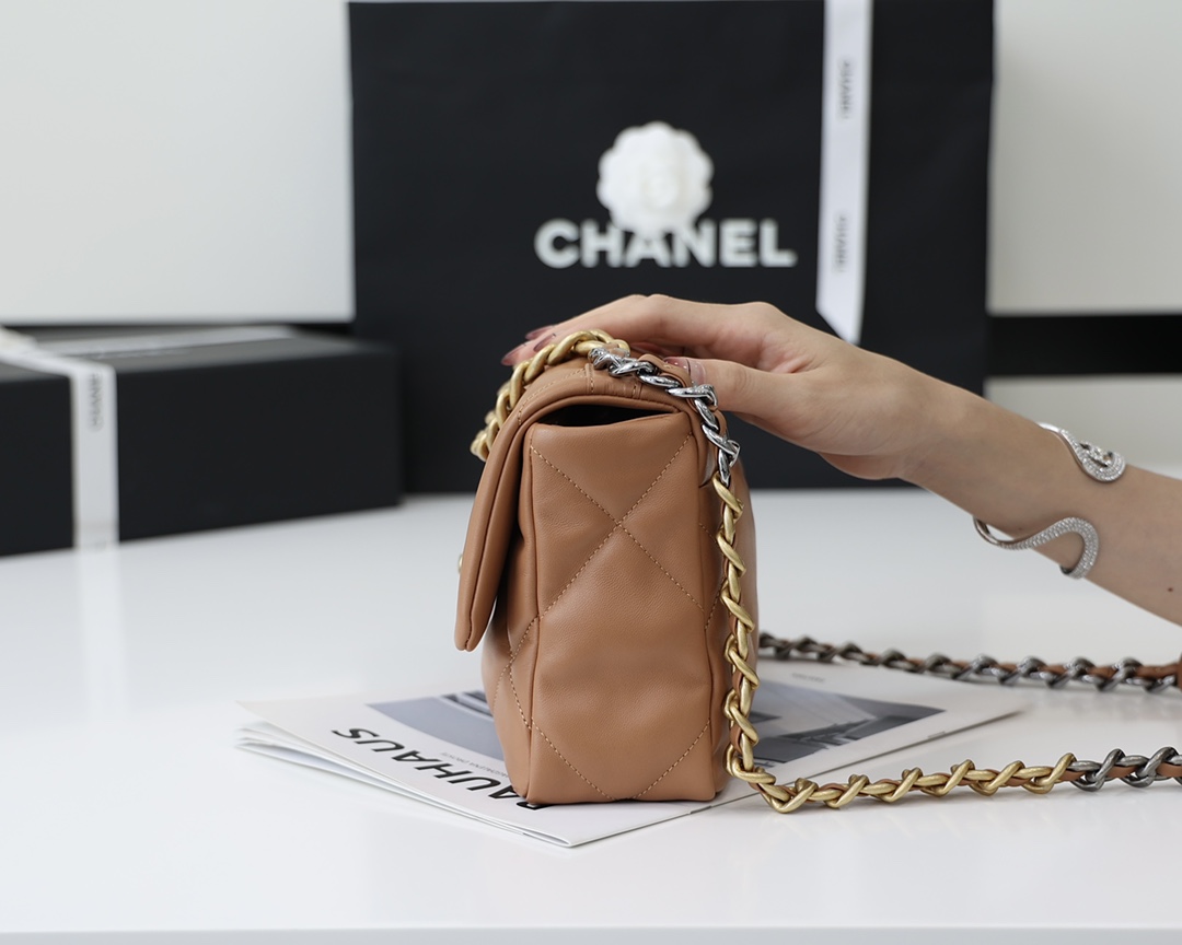 Chanel 19 Handbag Flap Lambskin In Caramel 26cm - DesignerGu