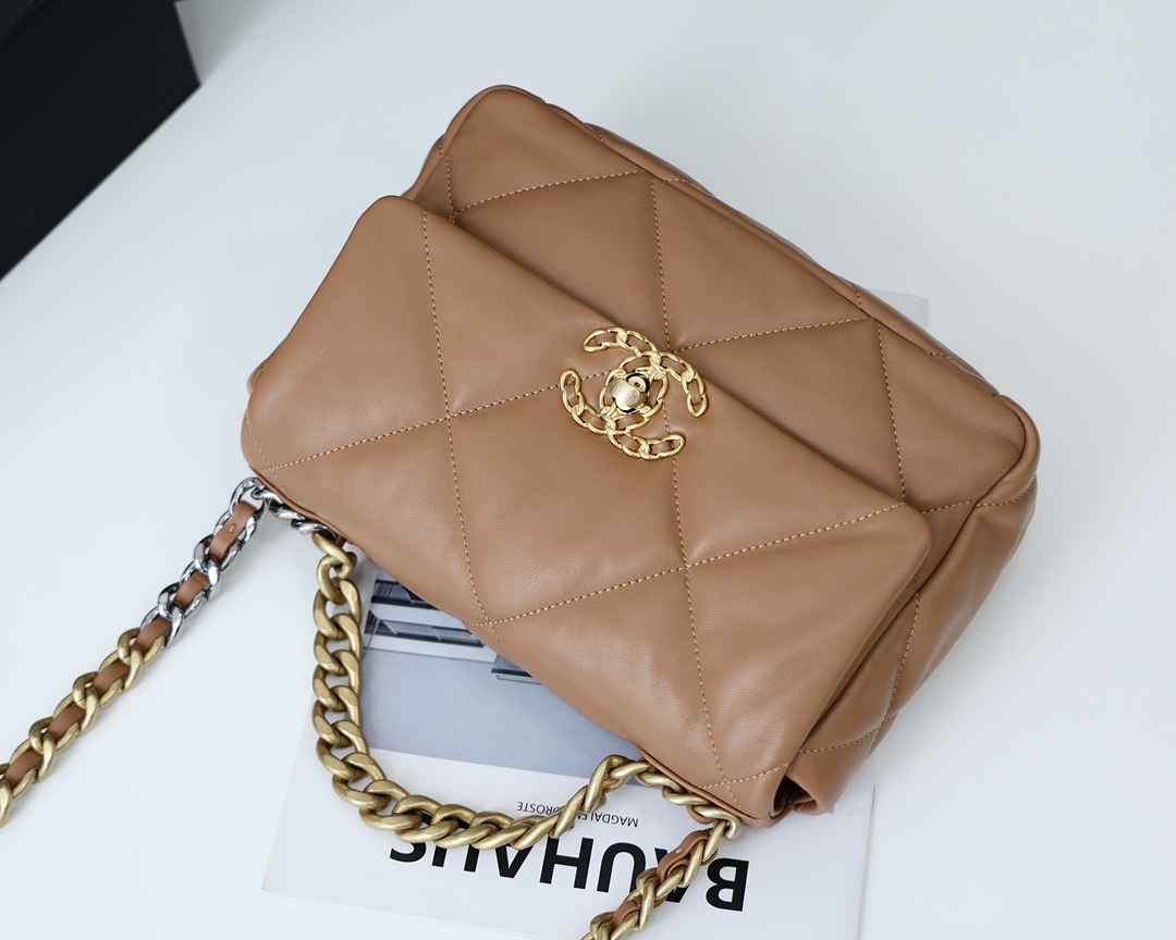 Chanel 19 Handbag Flap Lambskin In Caramel 26cm - DesignerGu