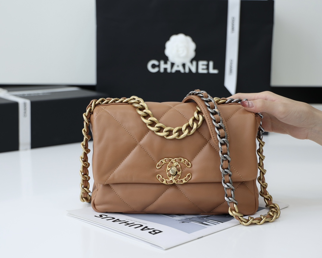 Chanel 19 Handbag Flap Lambskin In Caramel 26cm - DesignerGu