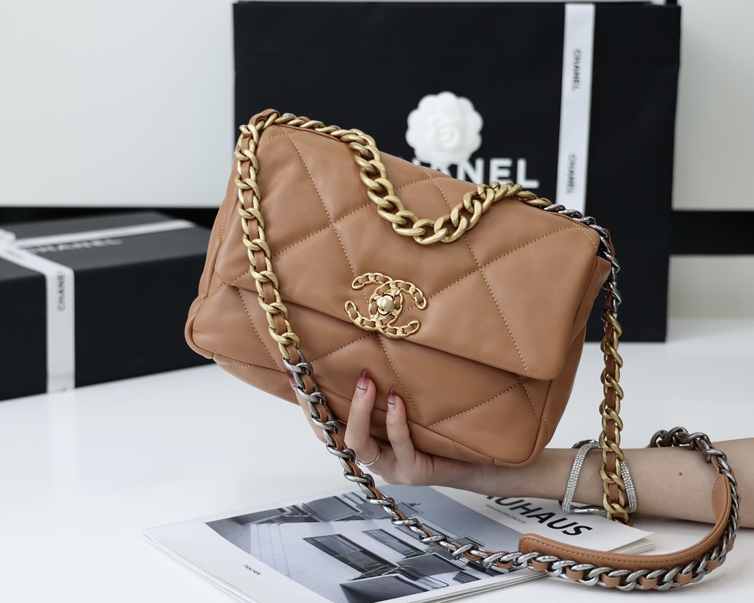 Chanel 19 Handbag Flap Lambskin In Caramel 26cm - DesignerGu