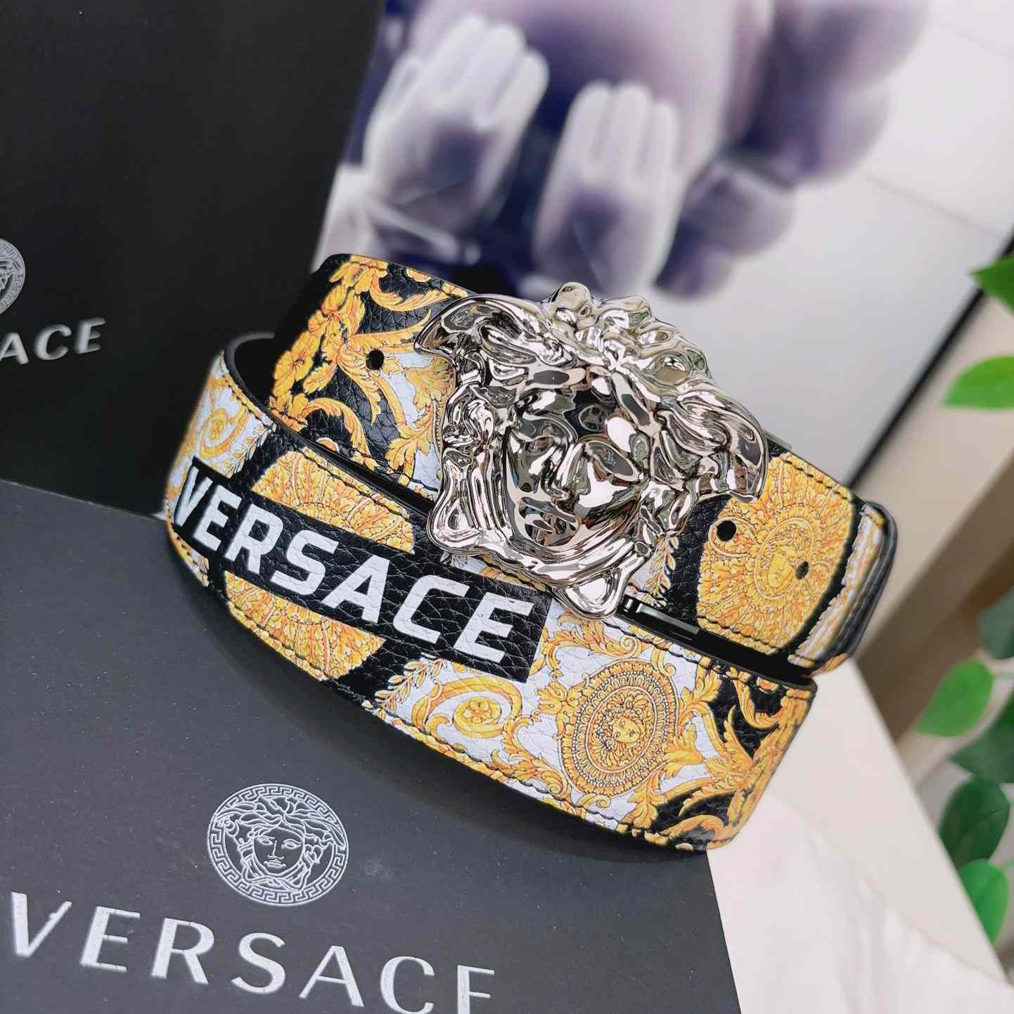 Versace La Medusa Logo-buckle Barocco-print Belt   40mm - DesignerGu