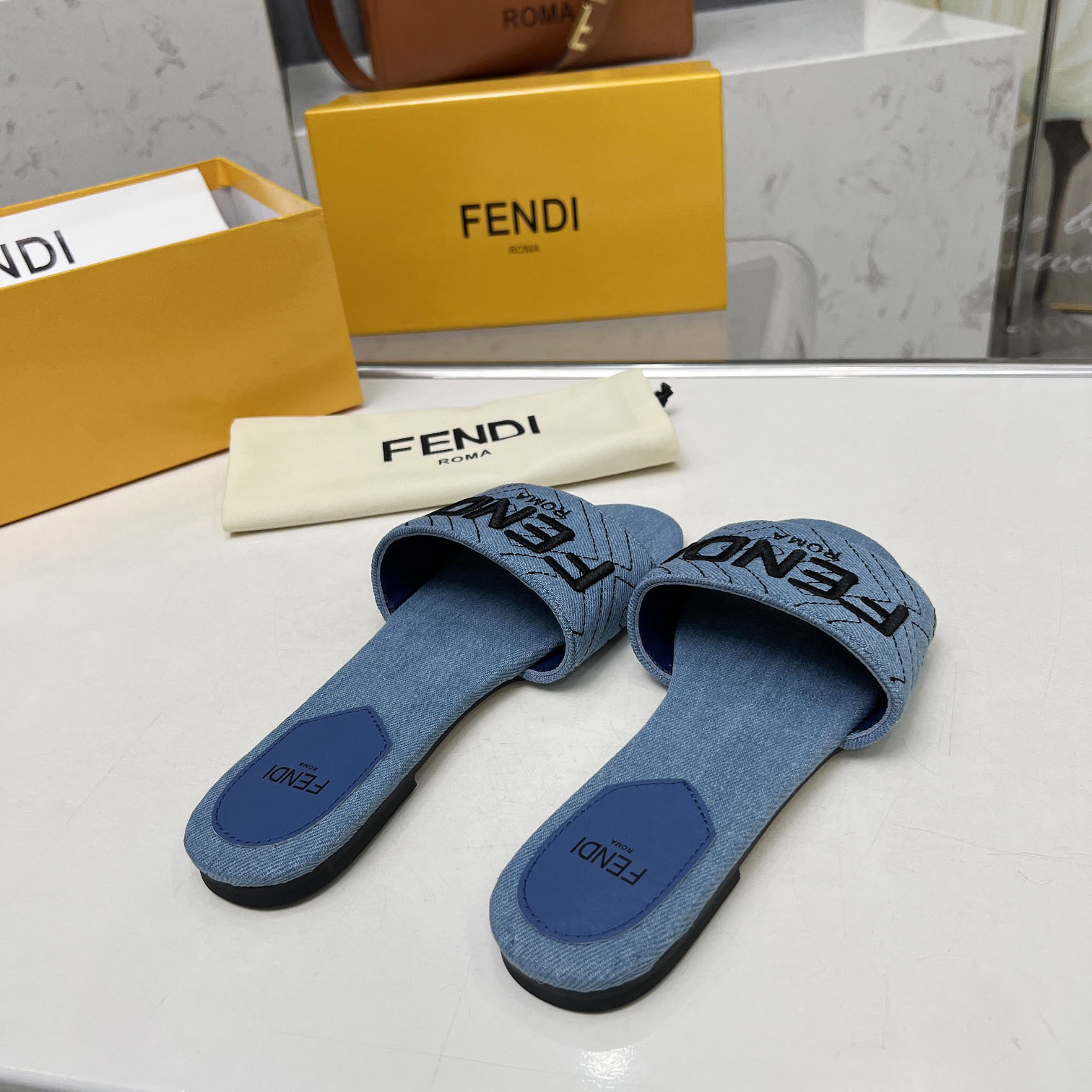 Fendi Signature Blue Denim Slides - DesignerGu