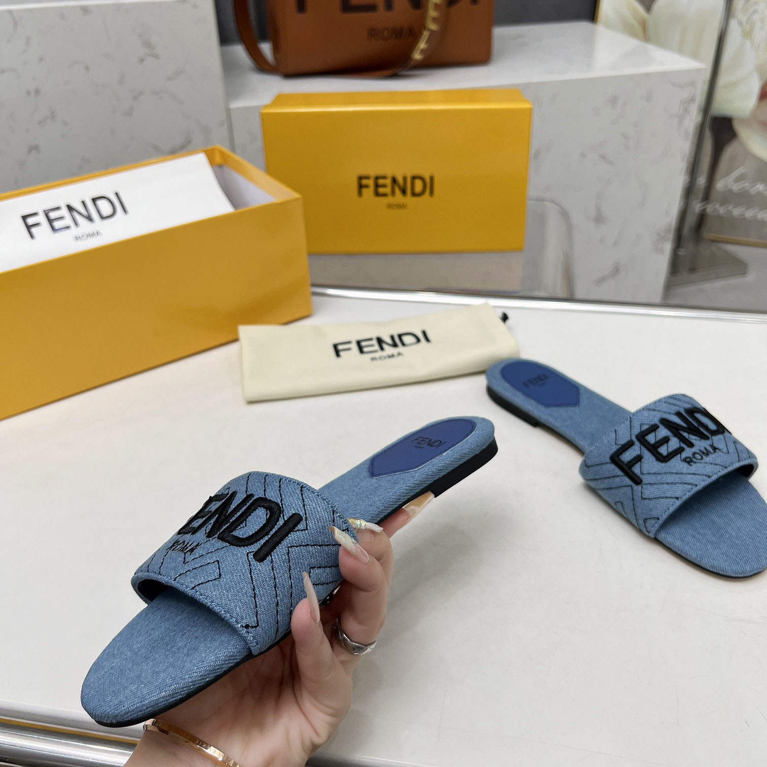 Fendi Signature Blue Denim Slides - DesignerGu