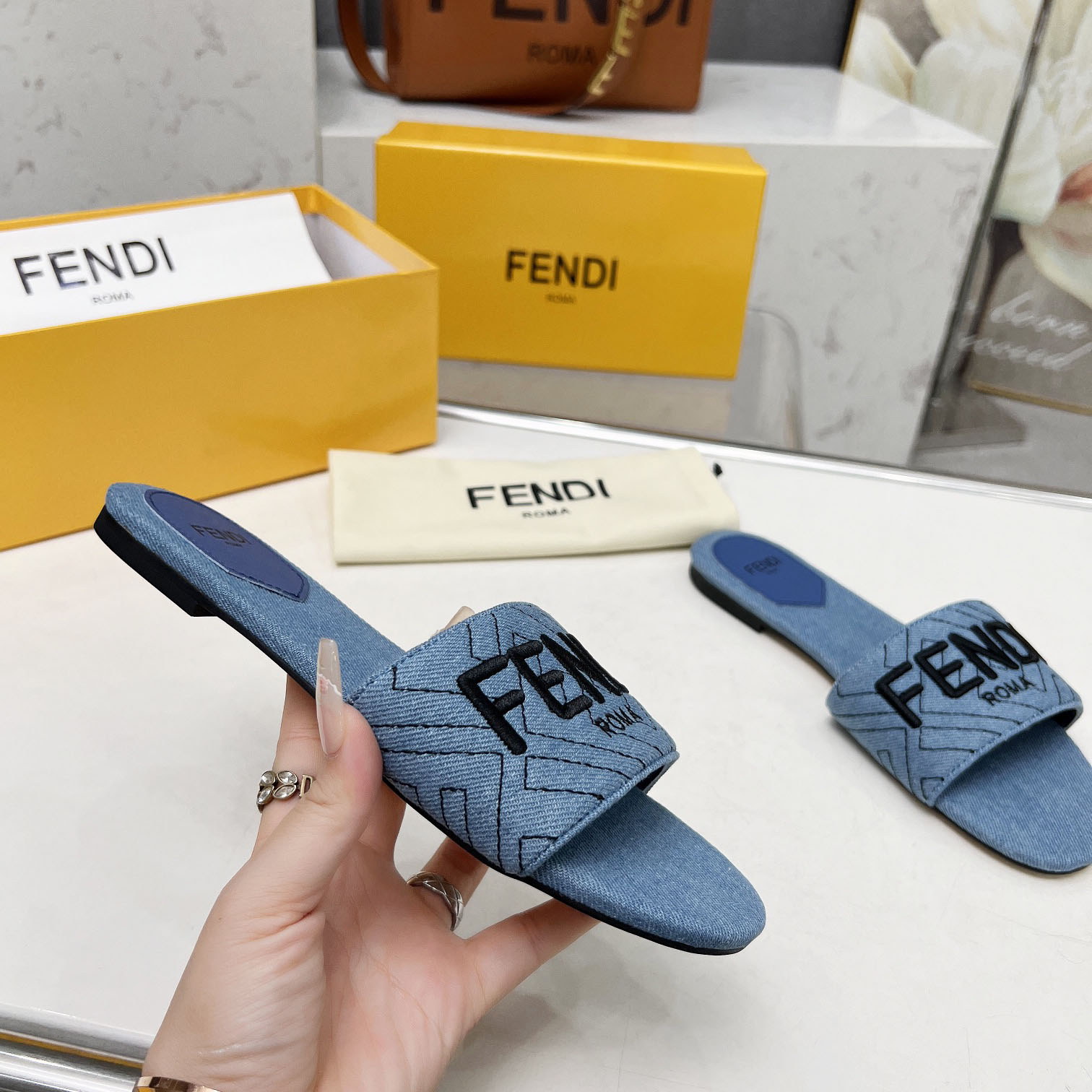 Fendi Signature Blue Denim Slides - DesignerGu