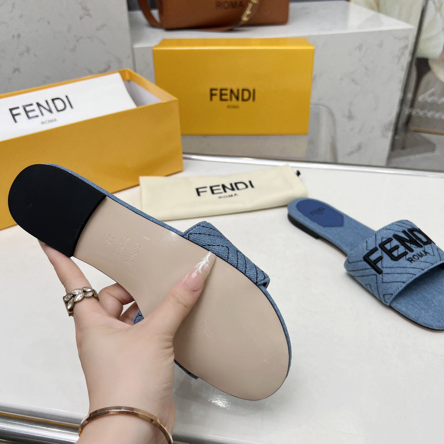 Fendi Signature Blue Denim Slides - DesignerGu