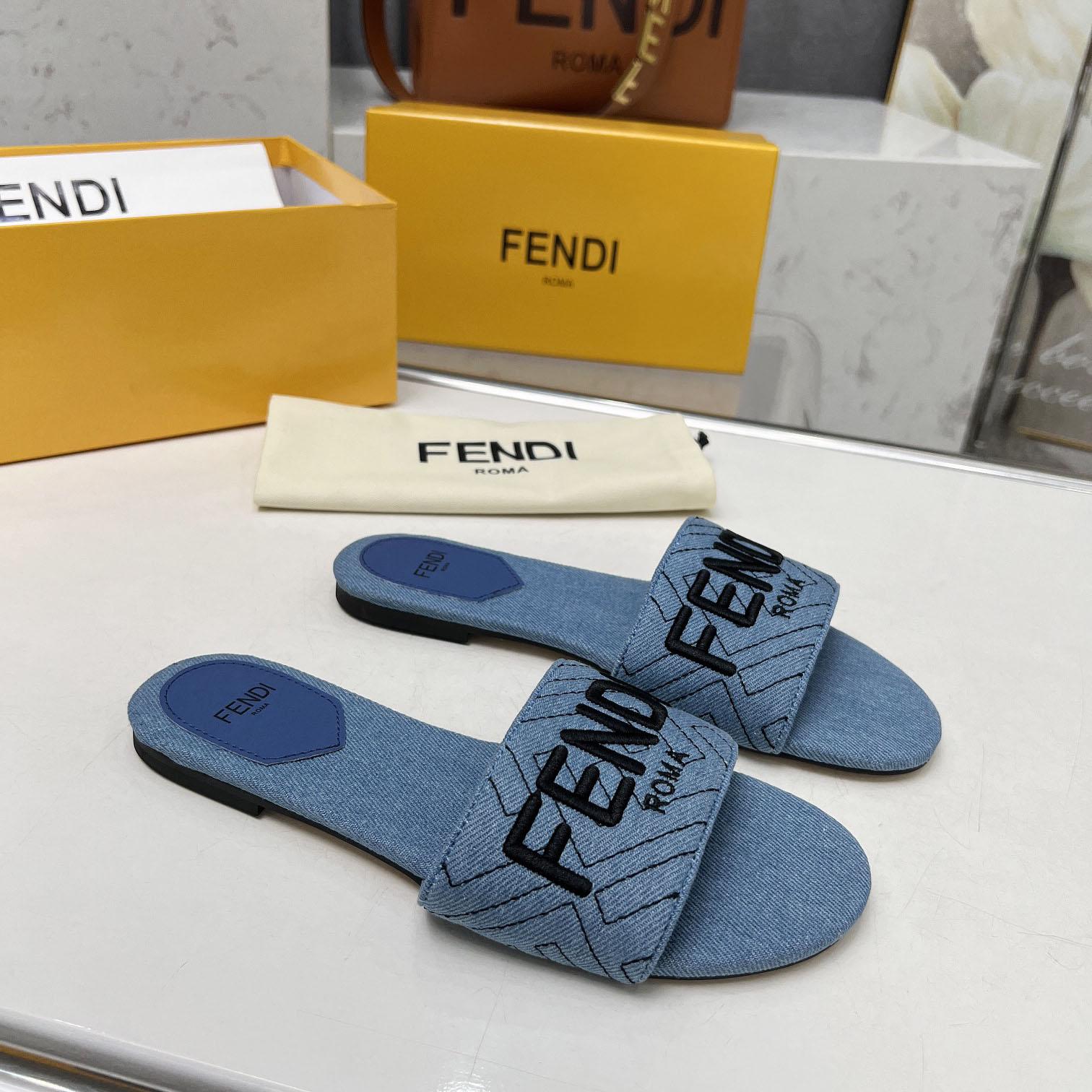 Fendi Signature Blue Denim Slides - DesignerGu