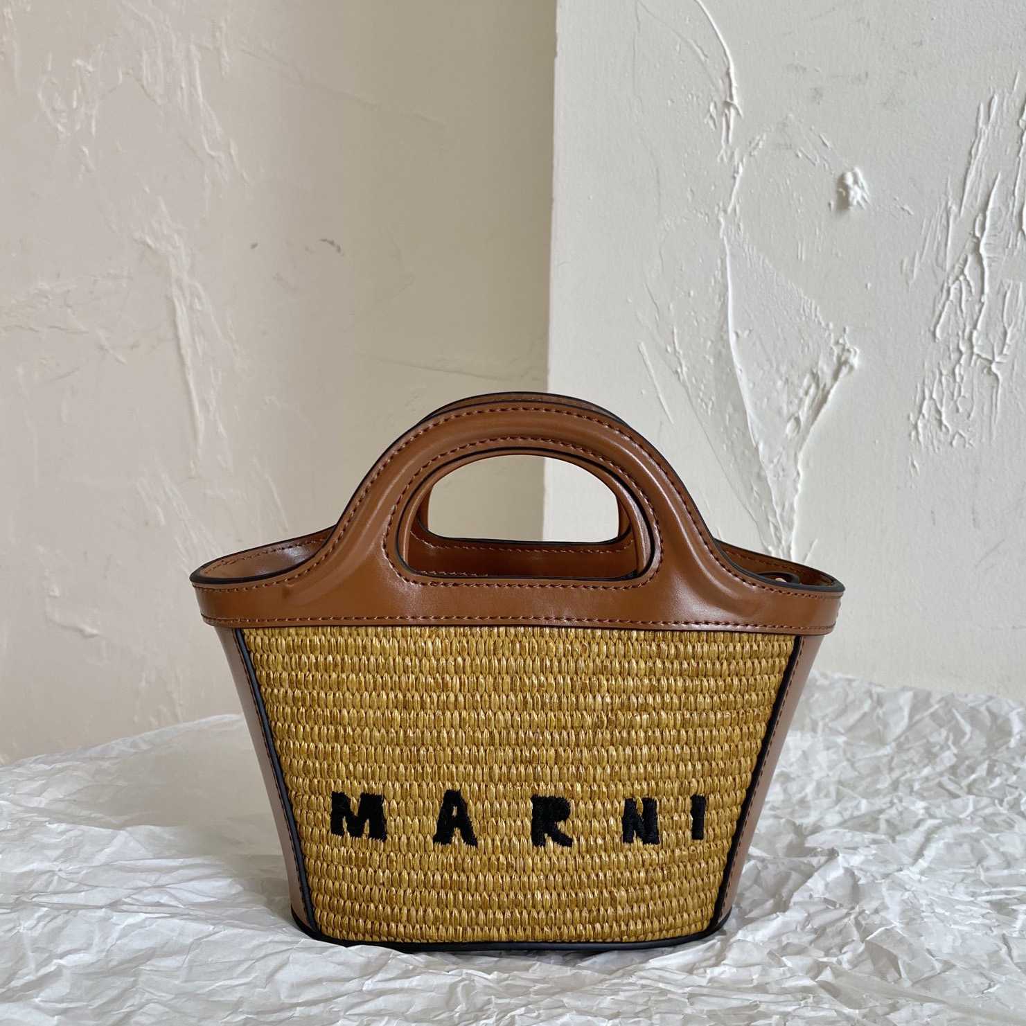 Marni Tropicalia Micro Bag In Brown Leather And Raffia-effect Fabric - DesignerGu