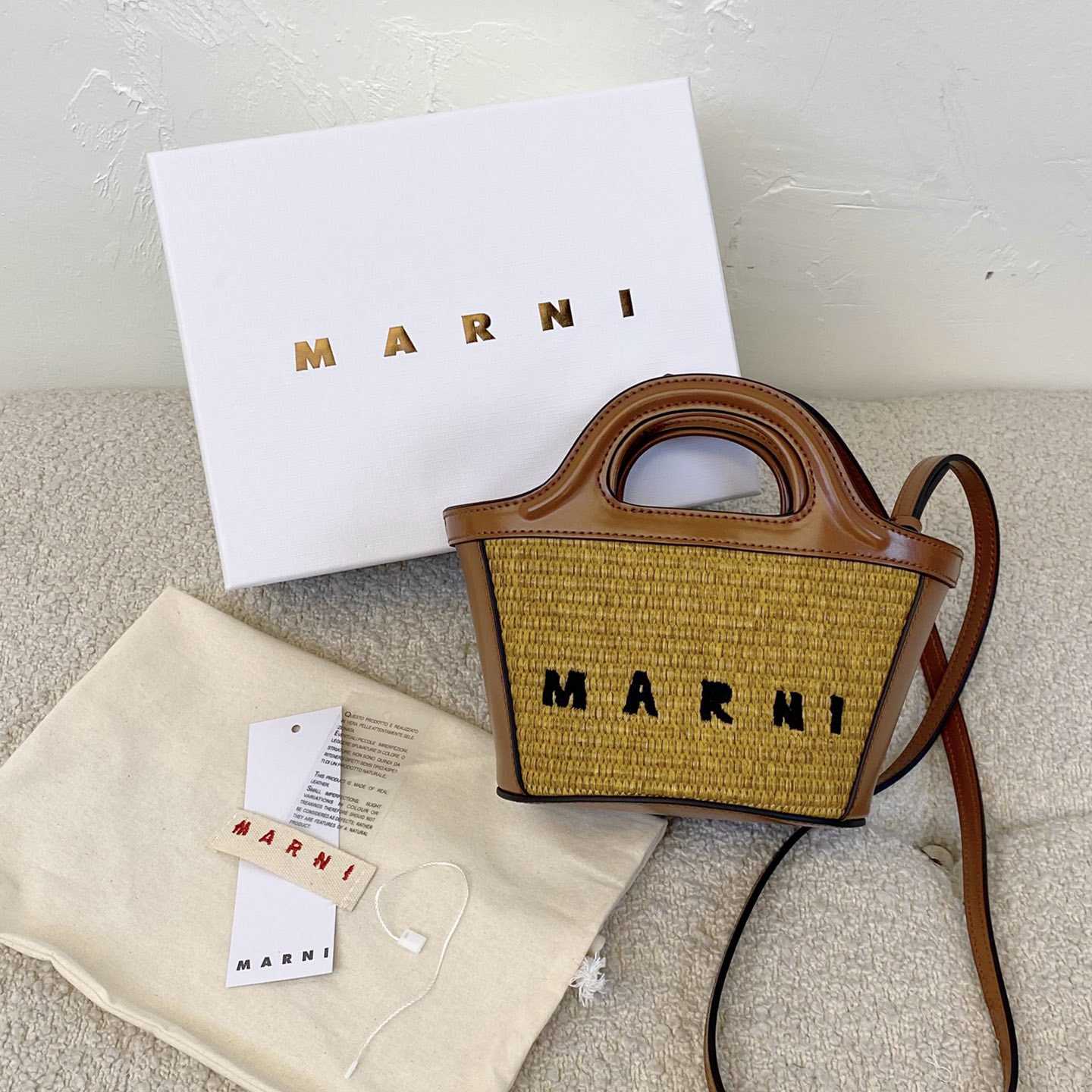 Marni Tropicalia Micro Bag In Brown Leather And Raffia-effect Fabric - DesignerGu