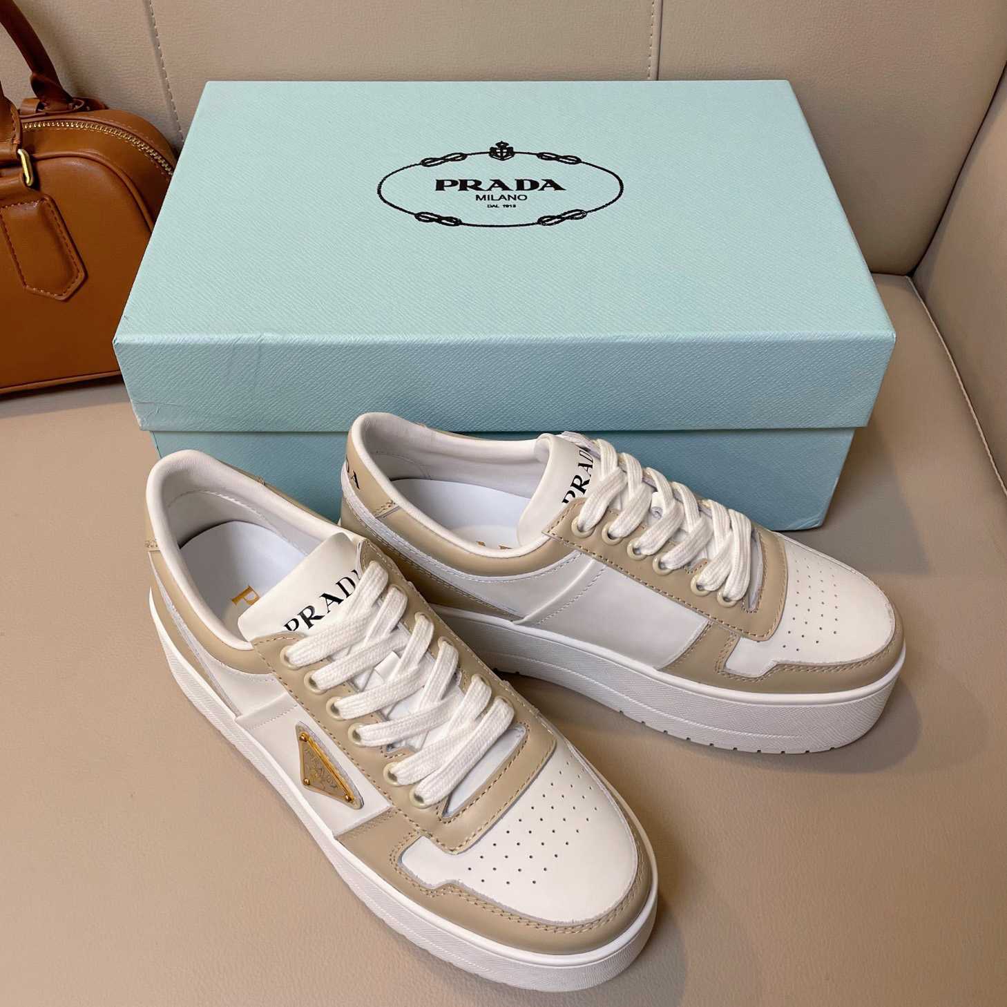 Prada Downtown Bold Leather Sneakers - DesignerGu