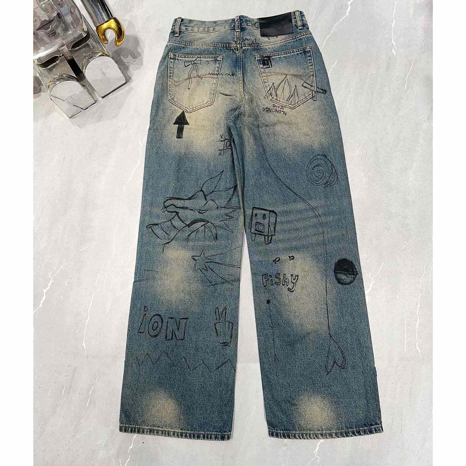 Balenciaga Rhinestone Baggy Distressed Jean   BG1003 - DesignerGu