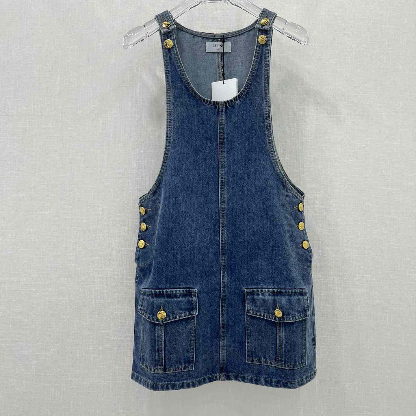 Celine Dungarees Mini Dress In Union Wash Denim  - DesignerGu