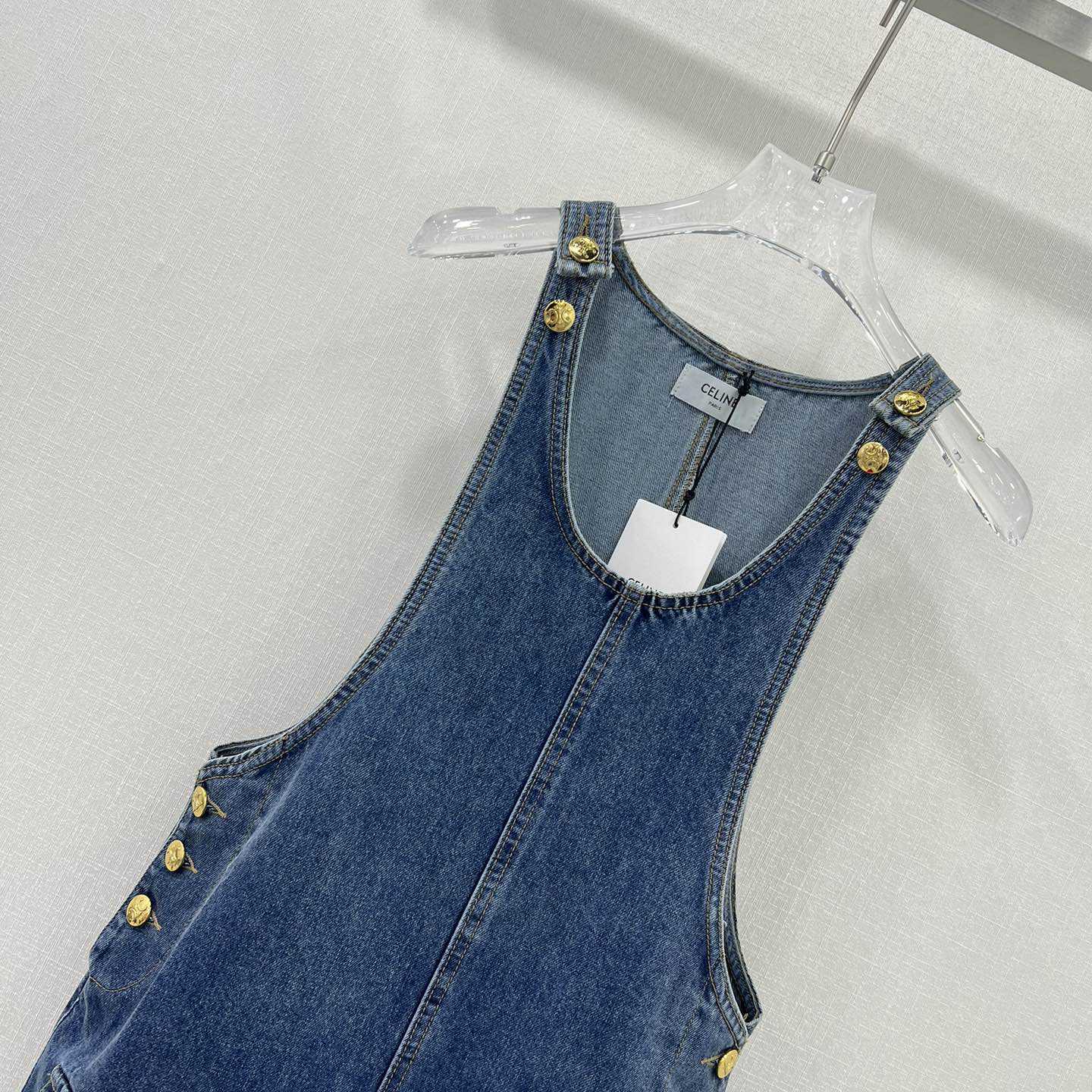 Celine Dungarees Mini Dress In Union Wash Denim  - DesignerGu