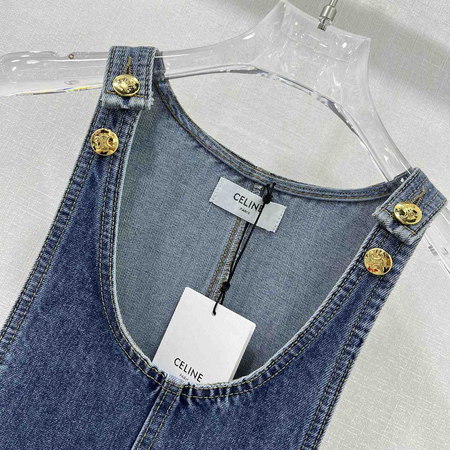 Celine Dungarees Mini Dress In Union Wash Denim  - DesignerGu