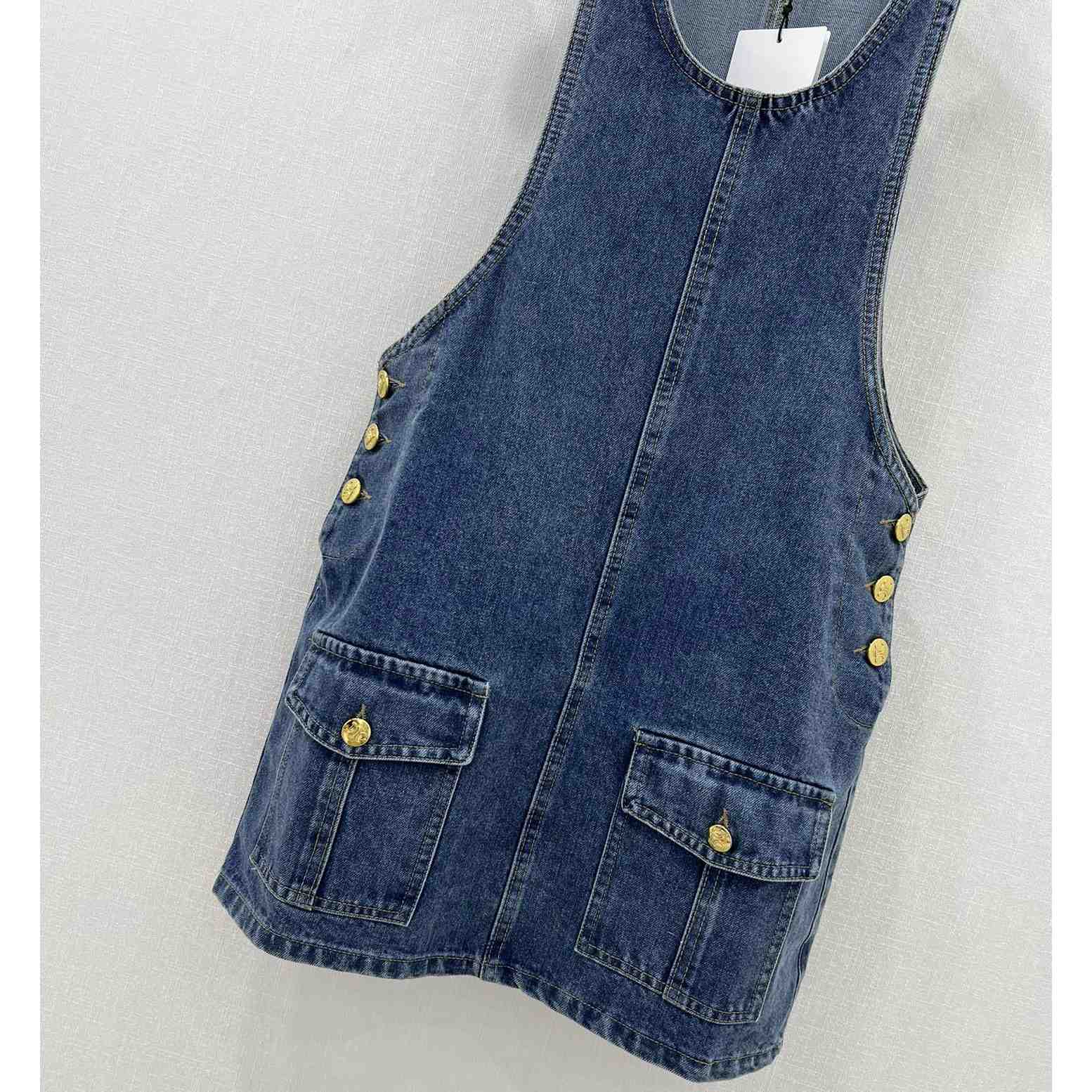 Celine Dungarees Mini Dress In Union Wash Denim  - DesignerGu