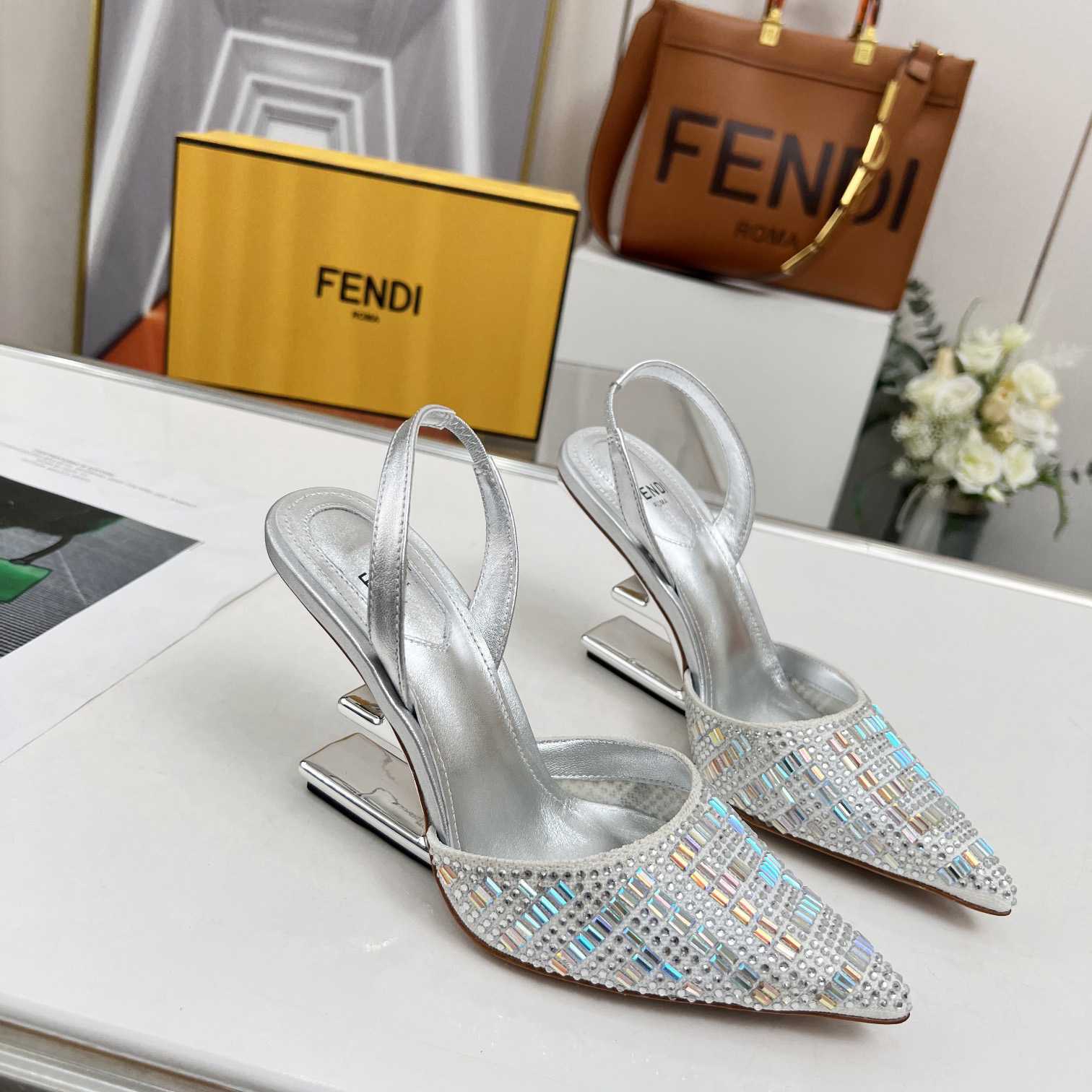 Fendi First Silver-colored Rhinestone High-heeled Slingbacks - DesignerGu