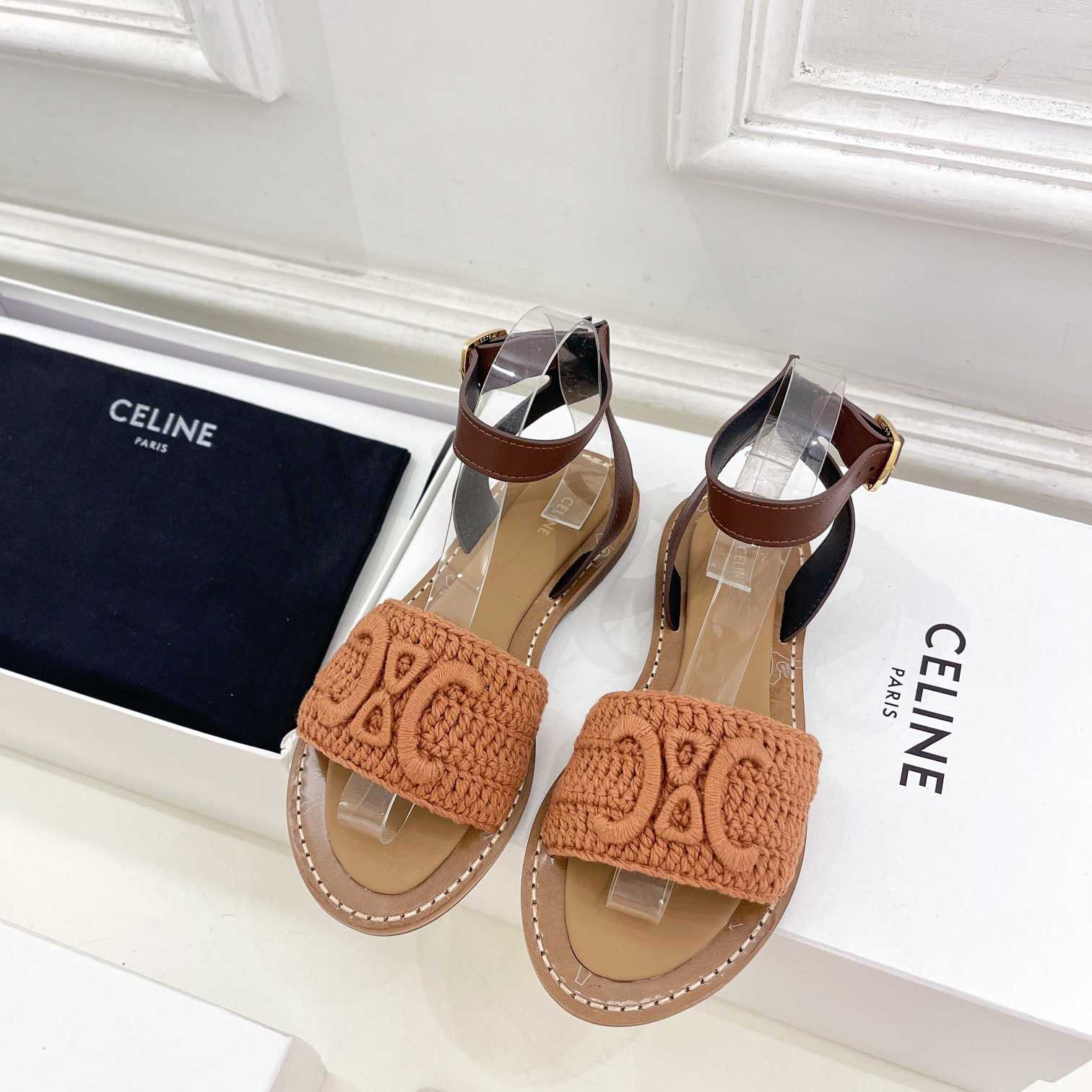 Celine Lympia Sandal In Triomphe Maccrame Cotton & Calfskin - DesignerGu