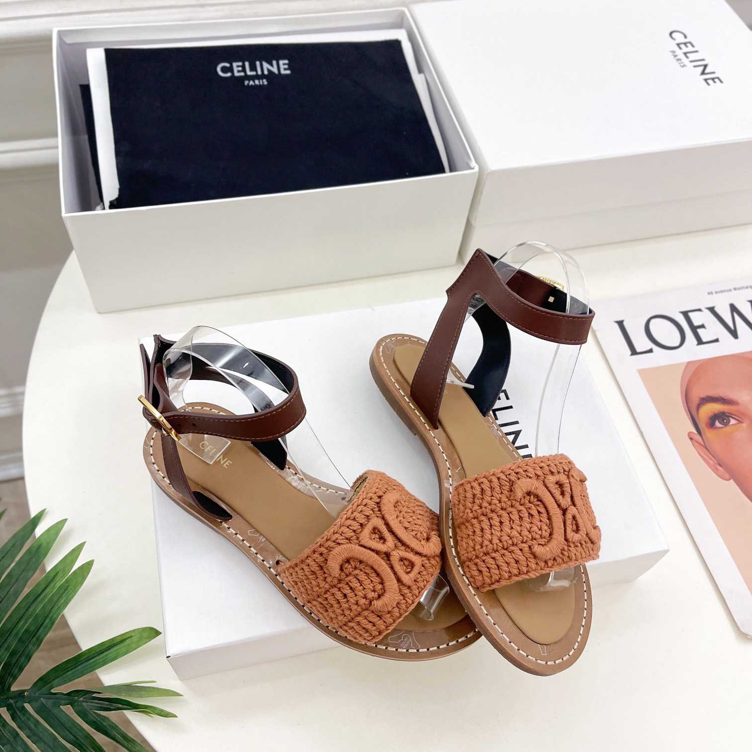 Celine Lympia Sandal In Triomphe Maccrame Cotton & Calfskin - DesignerGu