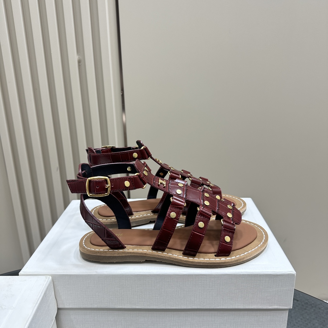 Celine Lympia Gladiator Sandal In Crocodile Stamped Calfskin Dark Brown - DesignerGu