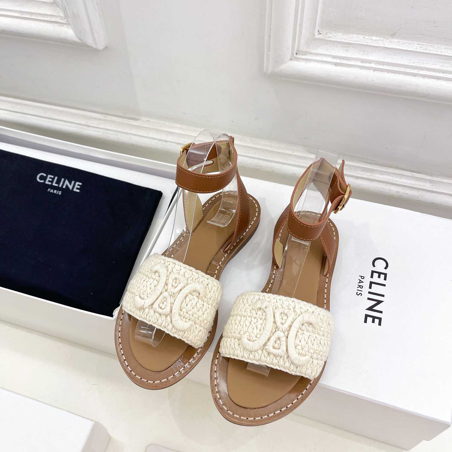 Celine Lympia Sandal In Triomphe Maccrame Cotton & Calfskin - DesignerGu