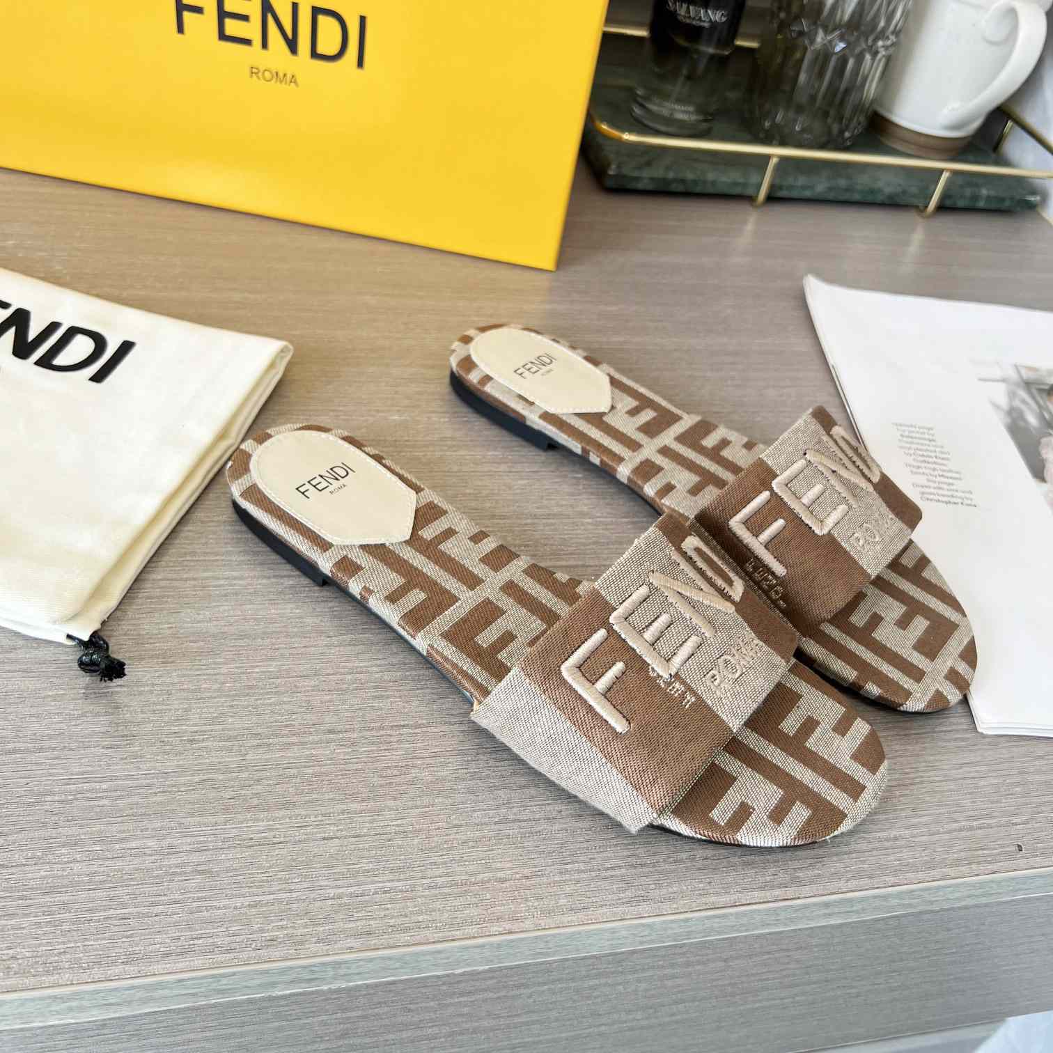 Fendi Signature Beige Fabric Slides - DesignerGu